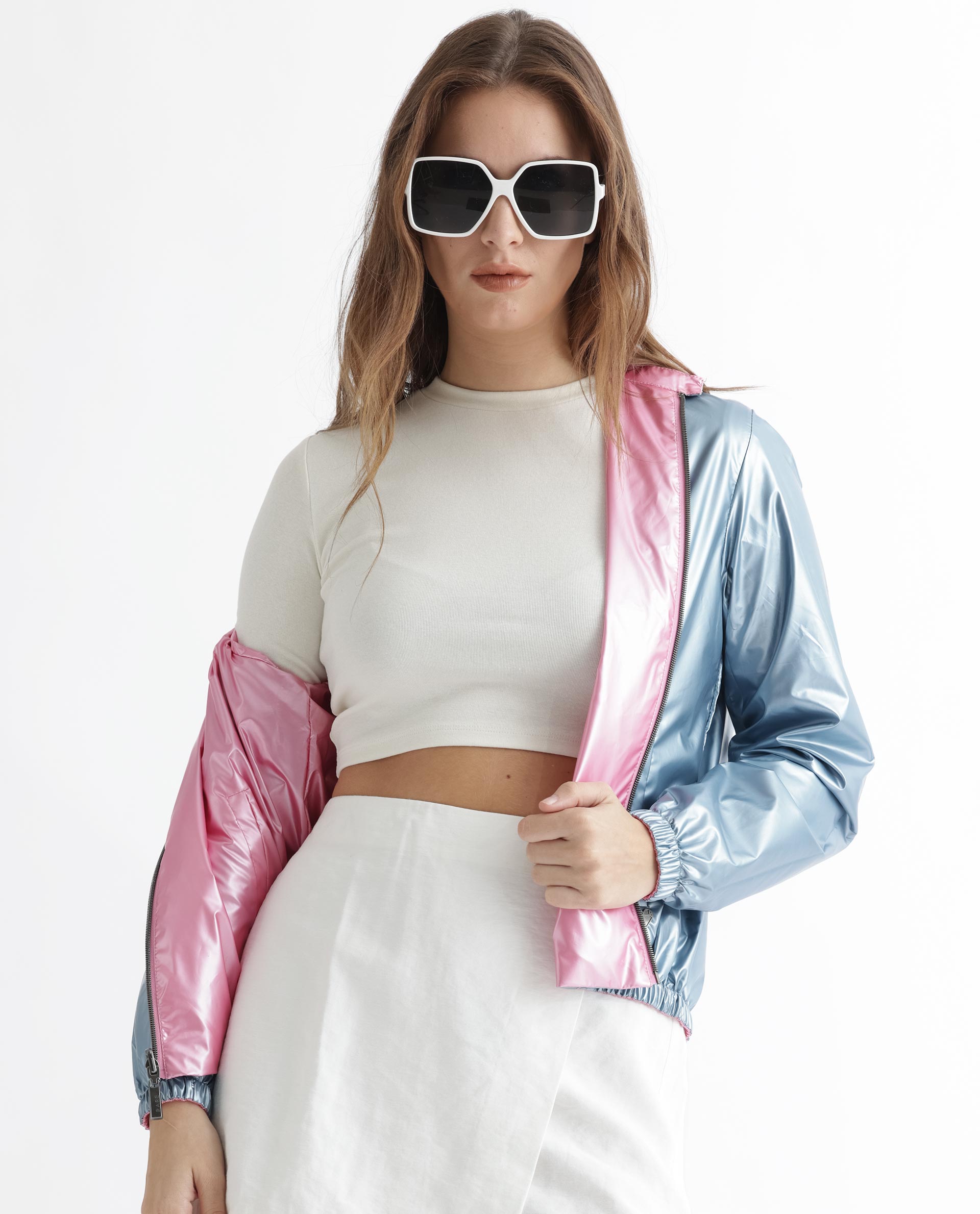 Rareism Women Charlotte Pink Polyester Fabric Full Sleeves Solid Mandarin Collar Jacket