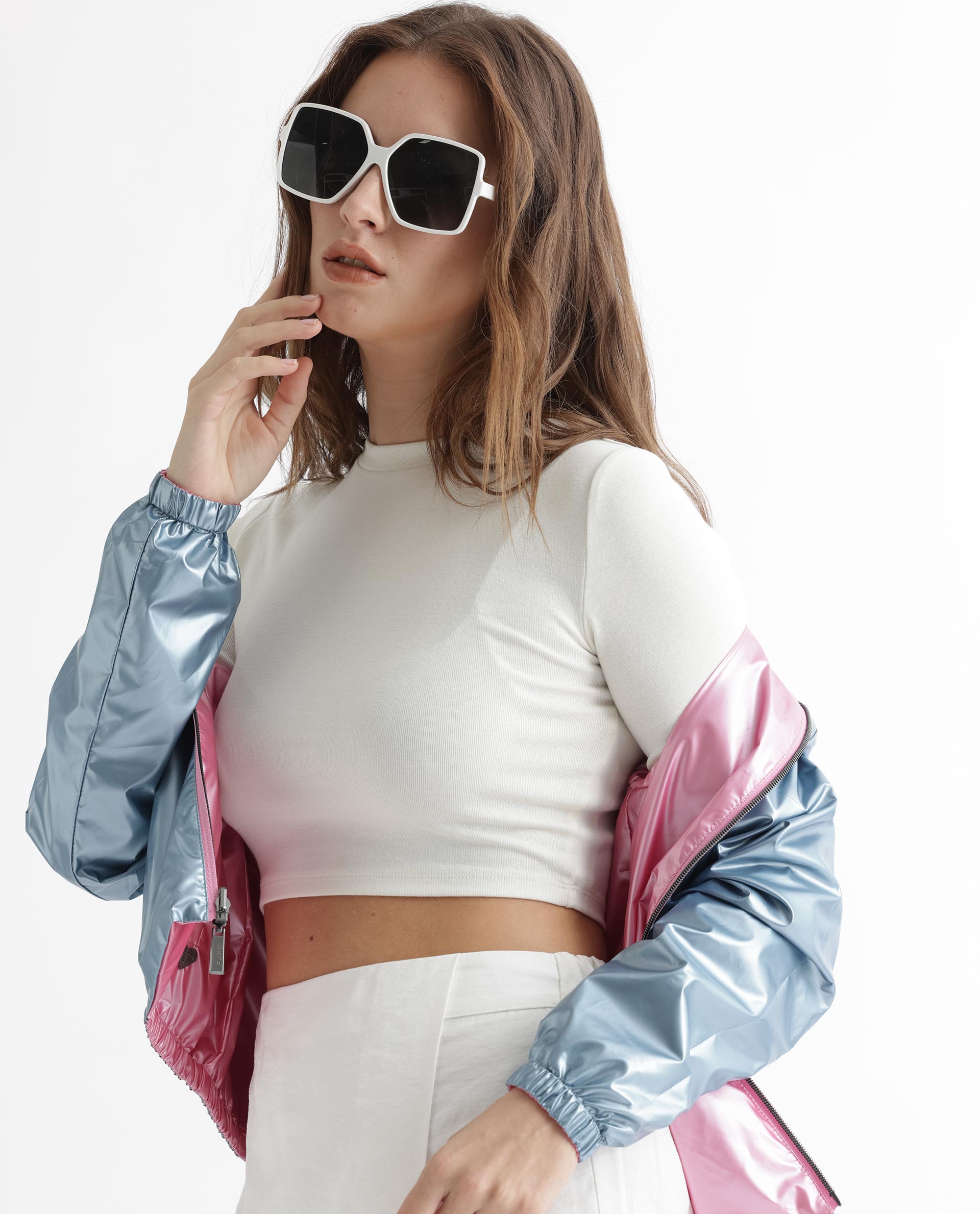 Rareism Women Charlotte Pink Polyester Fabric Full Sleeves Solid Mandarin Collar Jacket