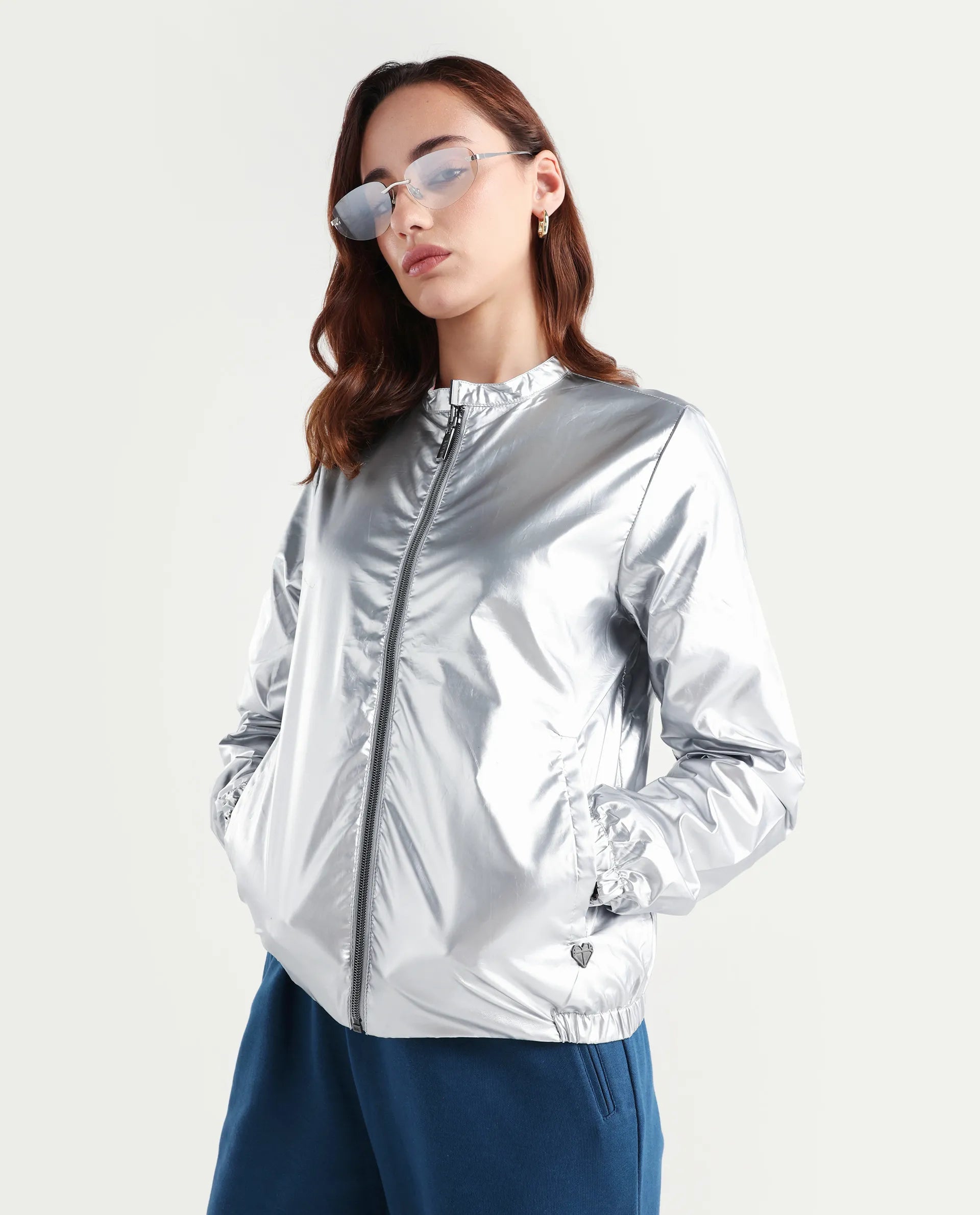 Rareism Women's Charlotte Silver Polyester Mandarin Collar Plain Regular Fit Jacket