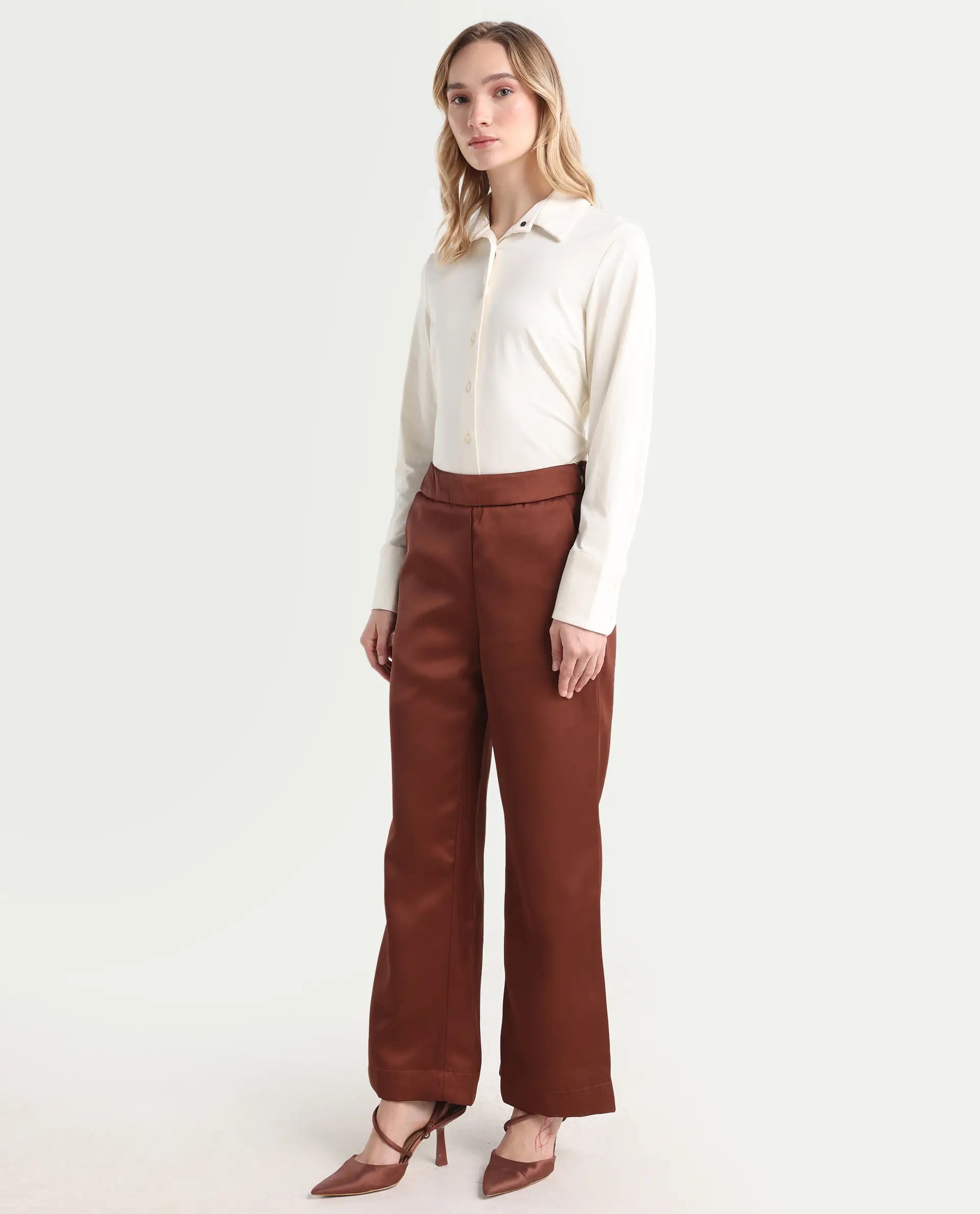 Rareism Women's Charo Brown Polyester Plain Ankle Length Tailored Trouser