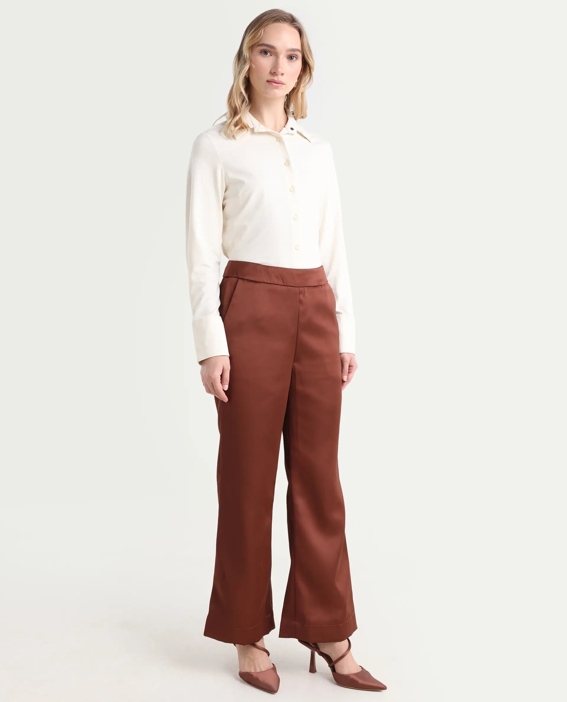 Rareism Women's Charo Brown Polyester Plain Ankle Length Tailored Trouser