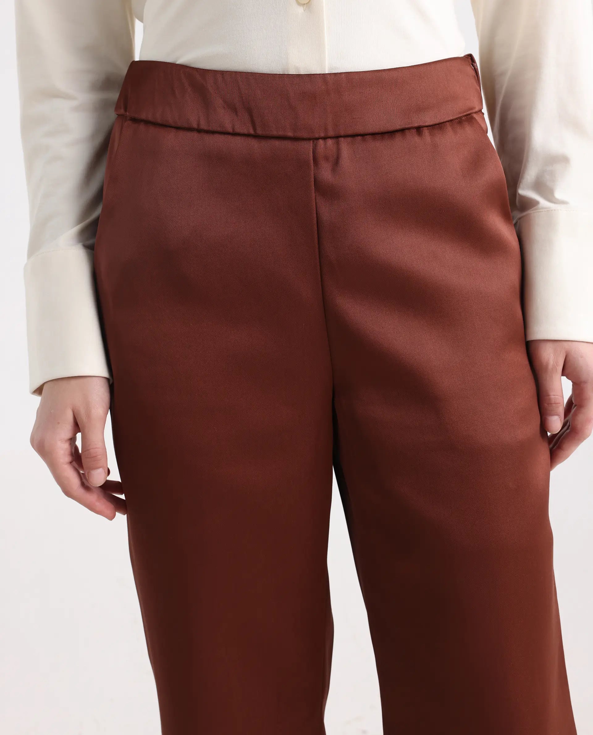 Rareism Women's Charo Brown Polyester Plain Ankle Length Tailored Trouser