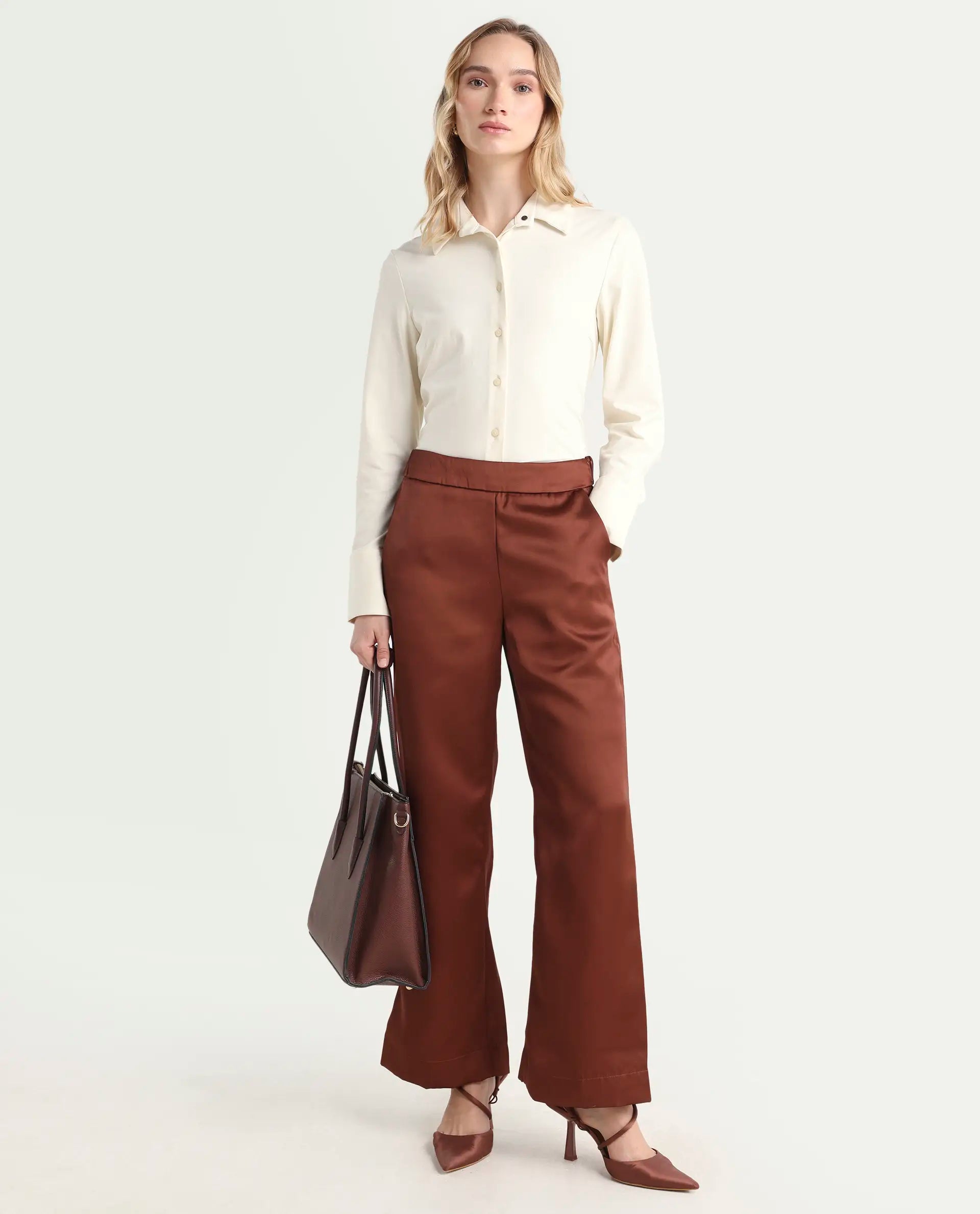 Rareism Women's Charo Brown Polyester Plain Ankle Length Tailored Trouser