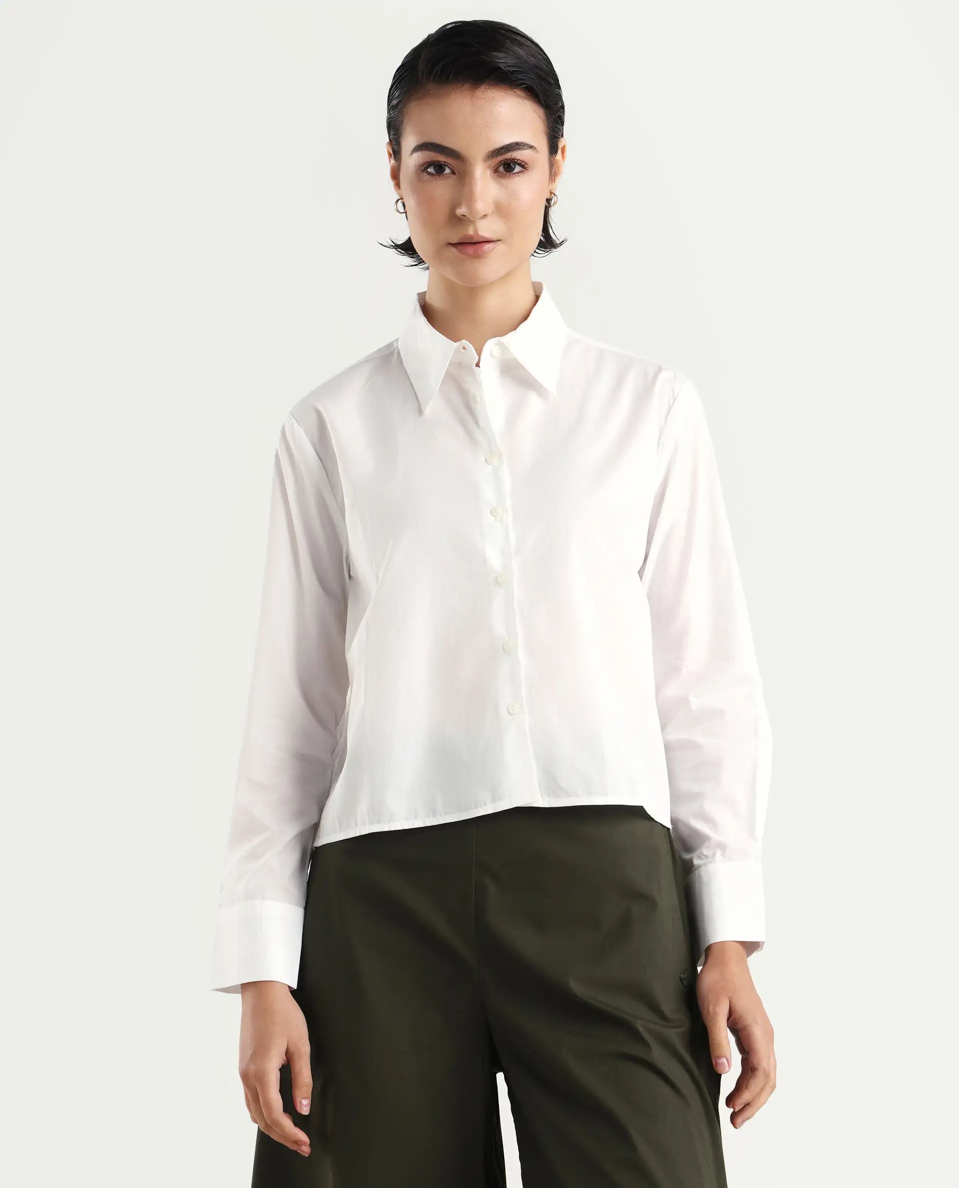 Rareism Women's Charon White Drop Collar Plain Cuffed Sleeve Regular Fit Top