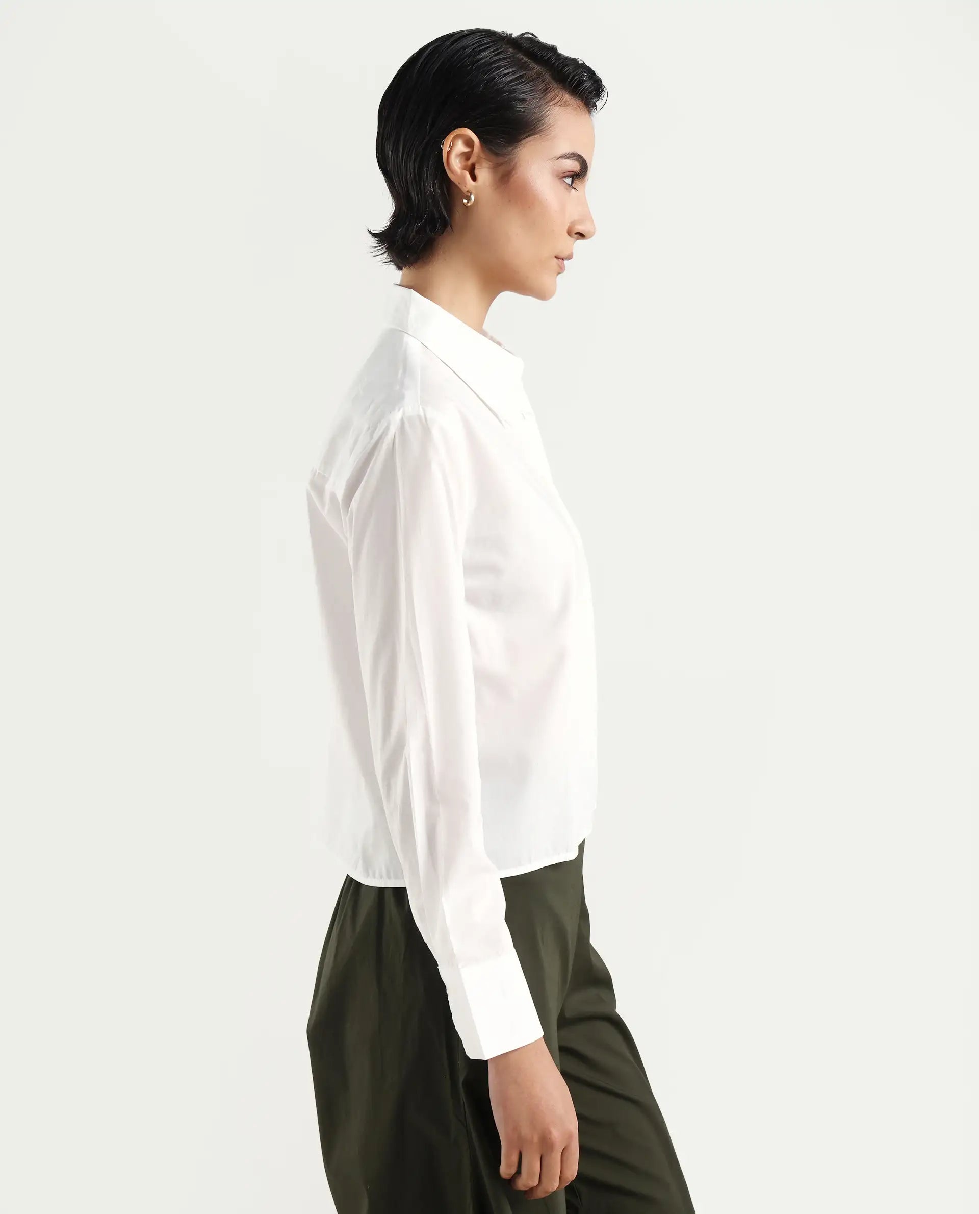 Rareism Women's Charon White Drop Collar Plain Cuffed Sleeve Regular Fit Top