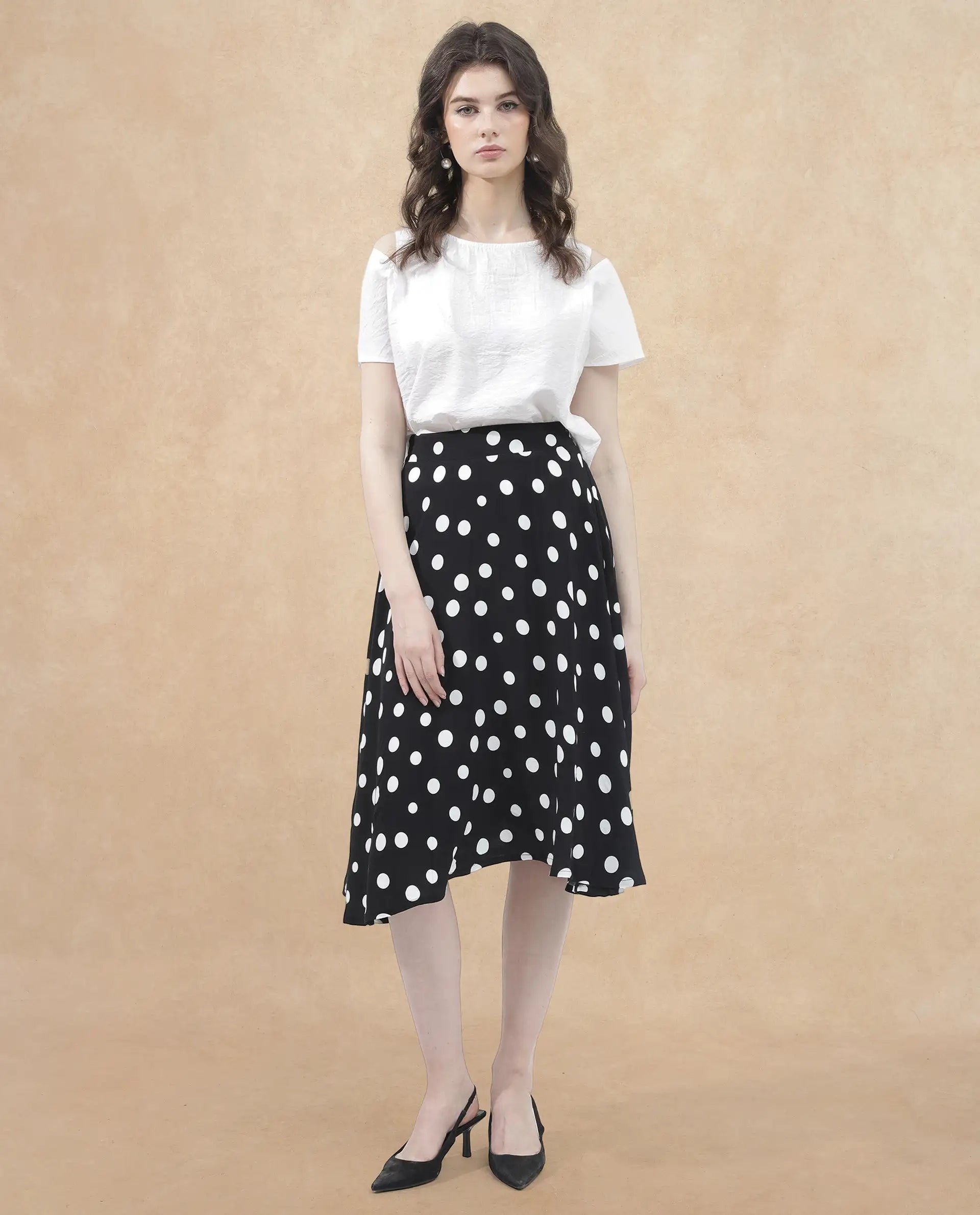 Rareism Women's Chatton Black Polyester Blend Polka Print Knee Length Flared Skirt