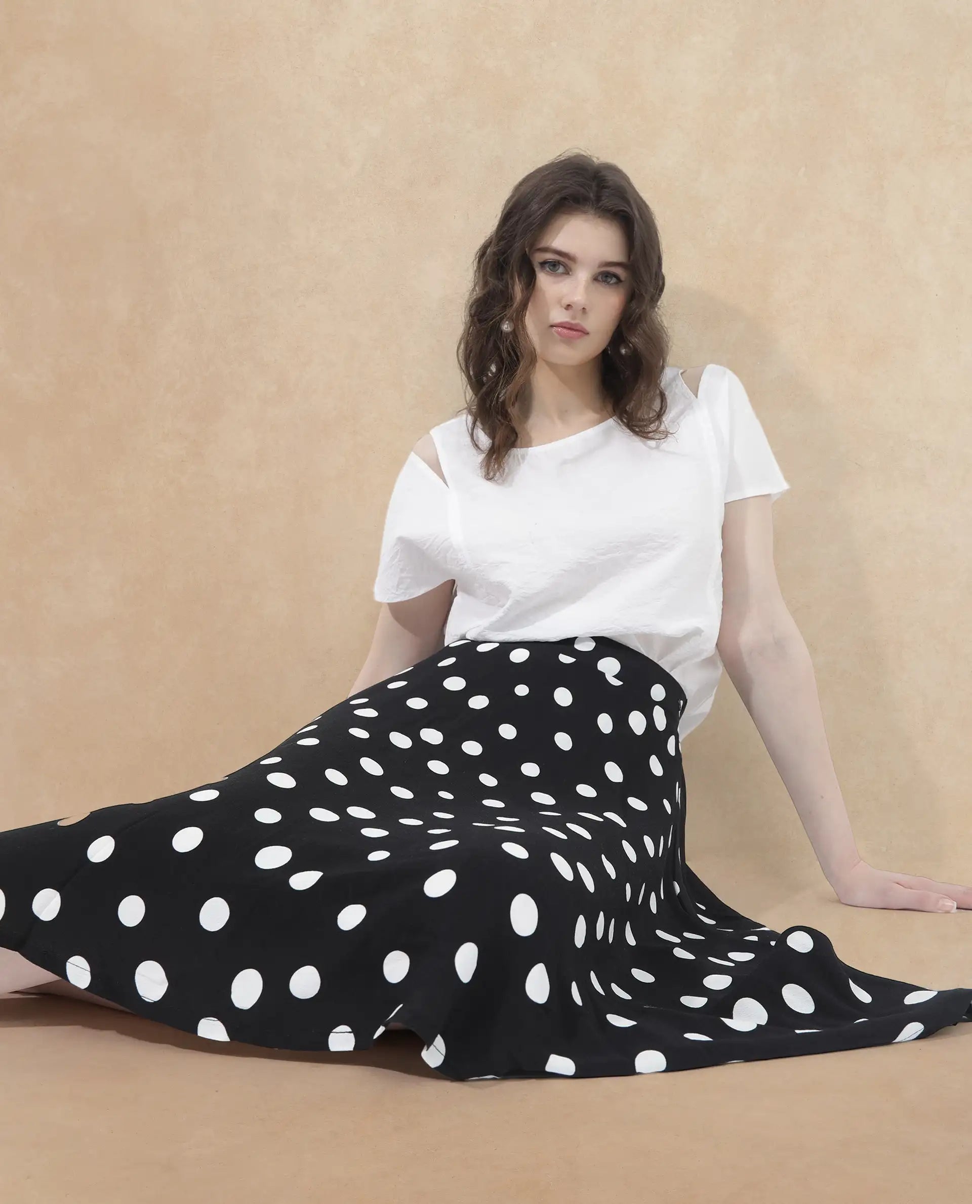 Rareism Women's Chatton Black Polyester Blend Polka Print Knee Length Flared Skirt