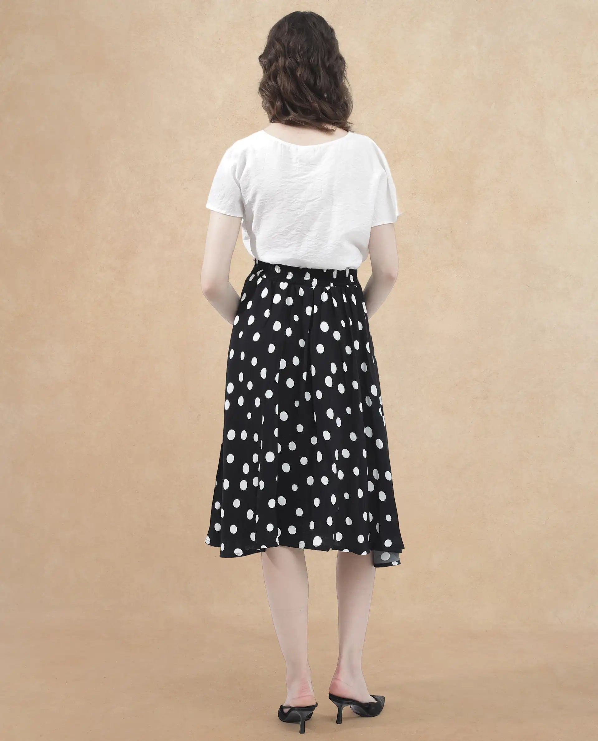 Rareism Women's Chatton Black Polyester Blend Polka Print Knee Length Flared Skirt