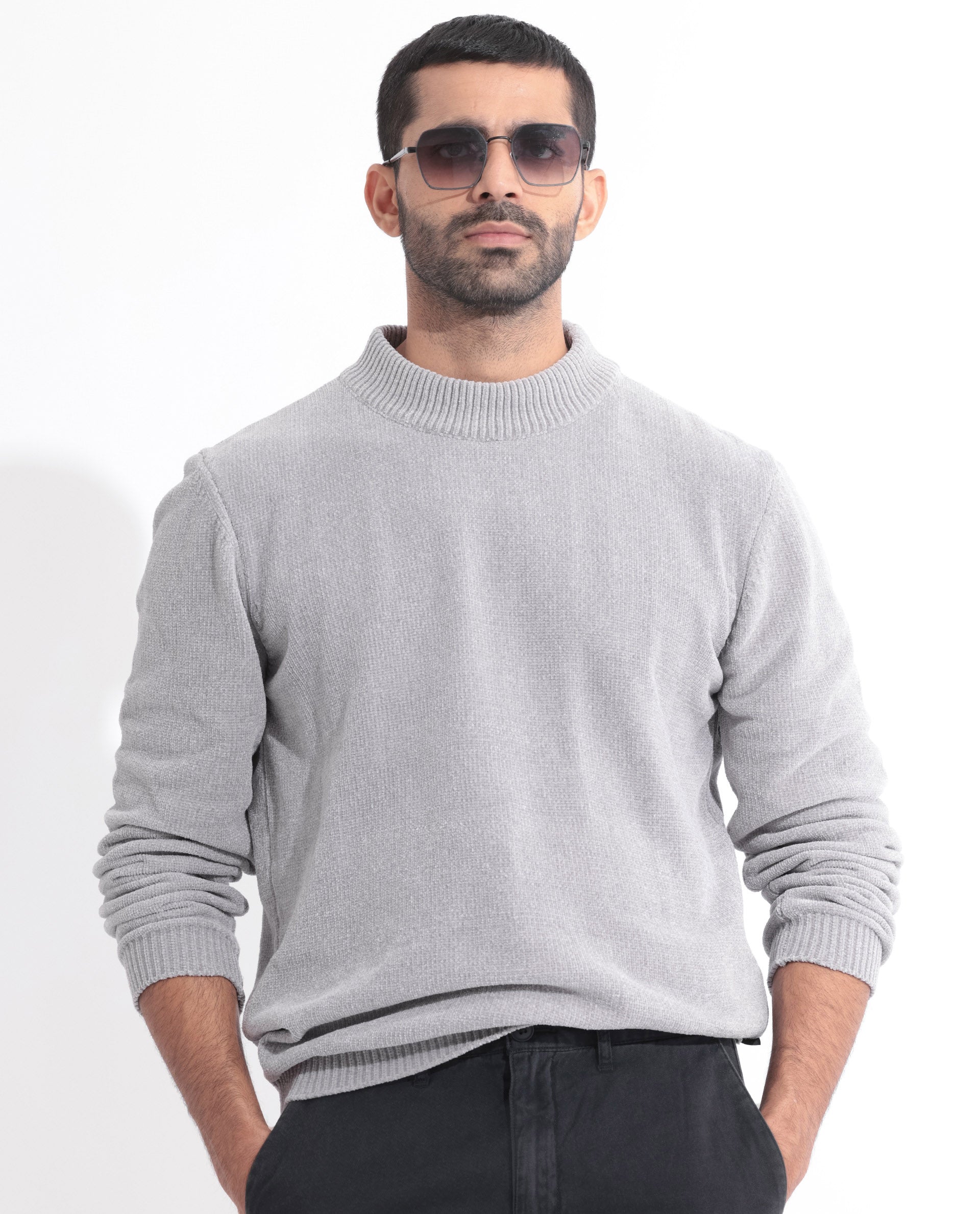 Rare Rabbit Mens Chenee Light Grey Sweater Full Sleeve Crew Neck Solid