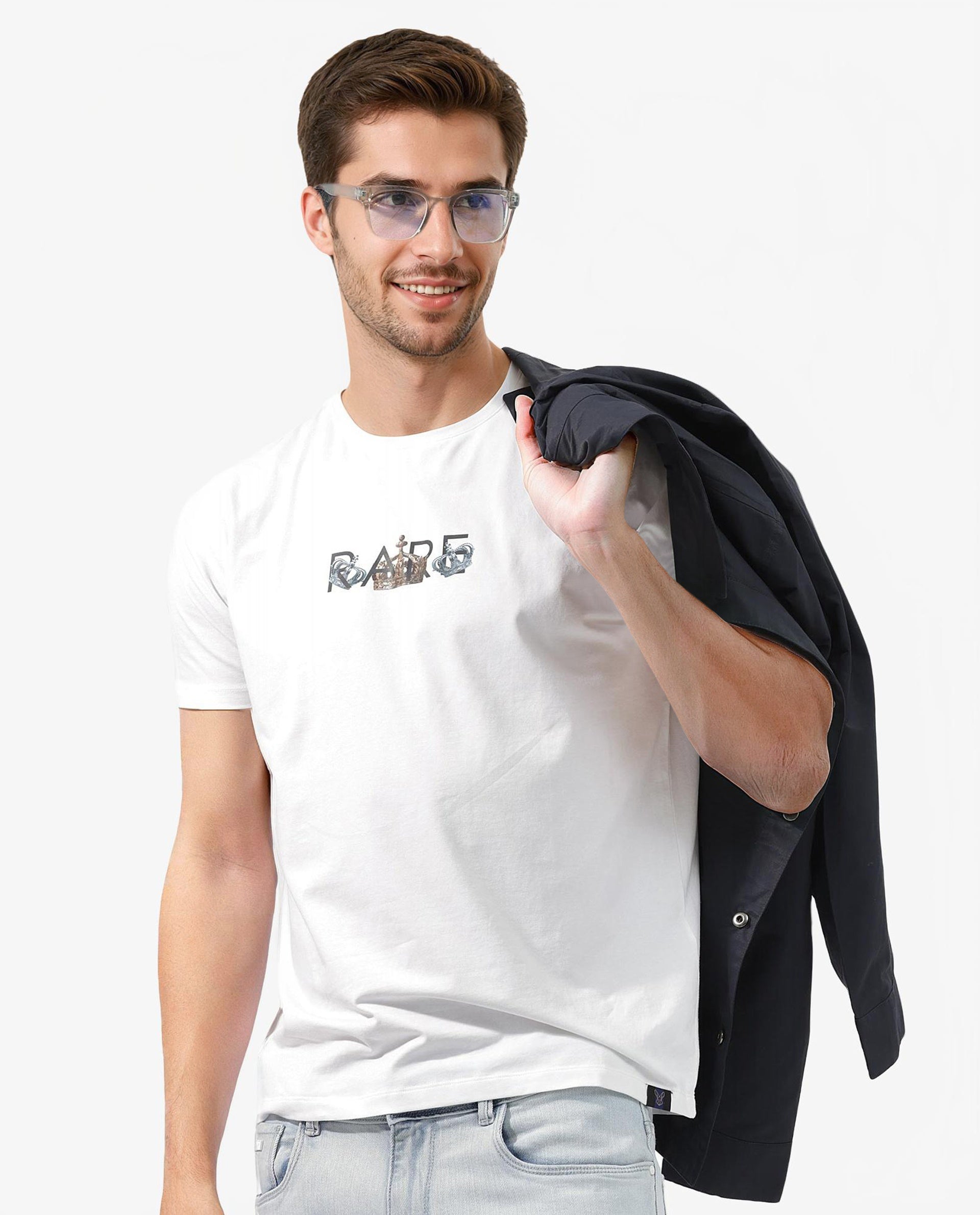 Rare Rabbit Men's Chent White Cotton Lycra Fabric Half Sleeves Graphic Print T-Shirt