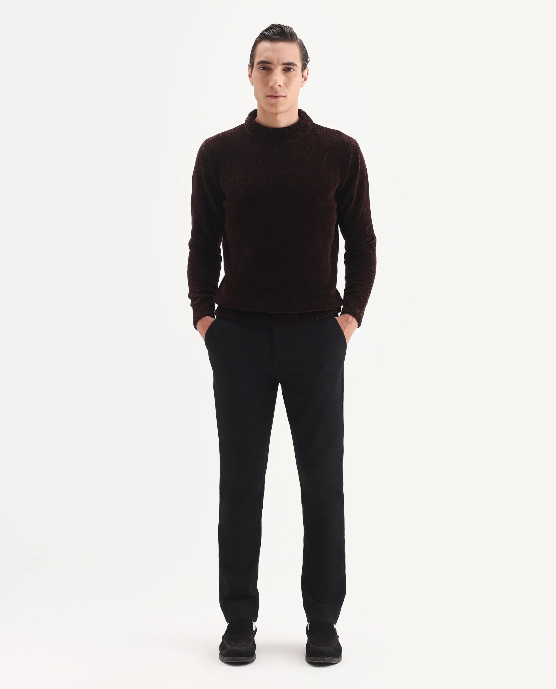 Rare Rabbit Men's Chens Dark Brown Polyester Fabric Full Sleeve Crew Neck Regular Plain Sweater