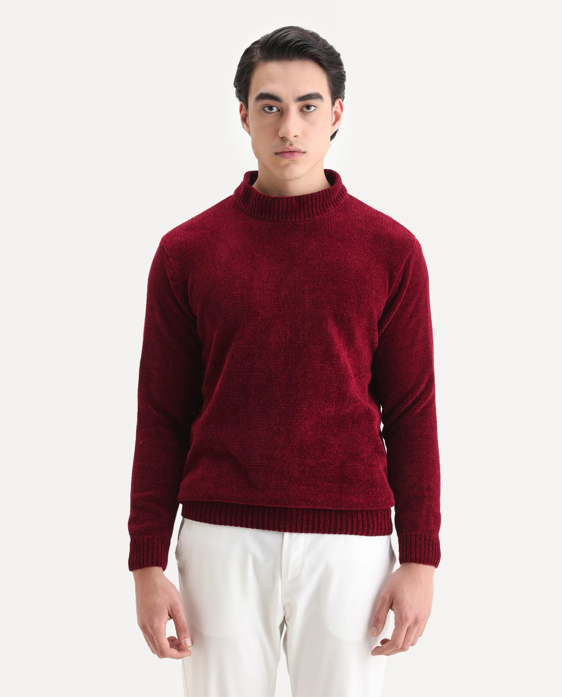 Rare Rabbit Men's Chens Red Chenille Plain Regular Fit Full Sleeve Crew Neck Sweater