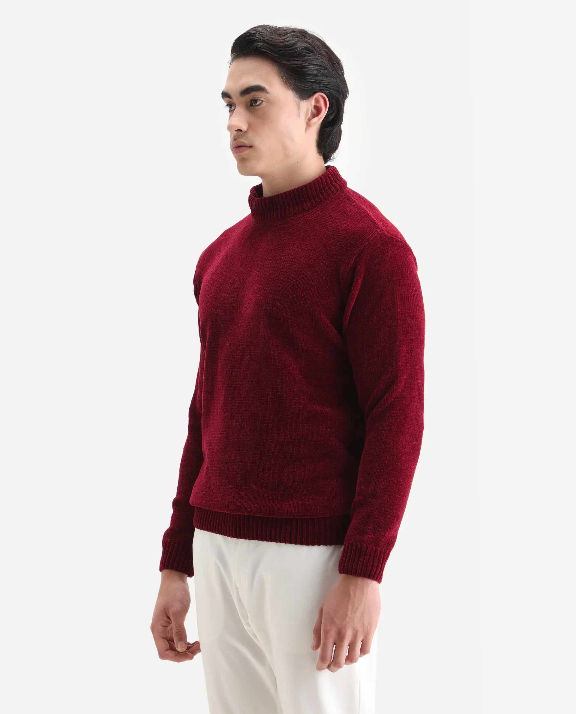 Rare Rabbit Men's Chens Red Chenille Plain Regular Fit Full Sleeve Crew Neck Sweater