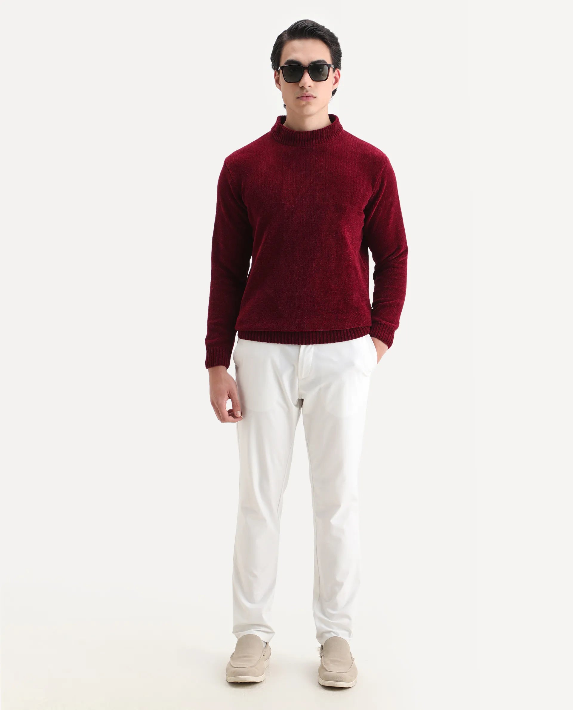 Rare Rabbit Men's Chens Red Chenille Plain Regular Fit Full Sleeve Crew Neck Sweater