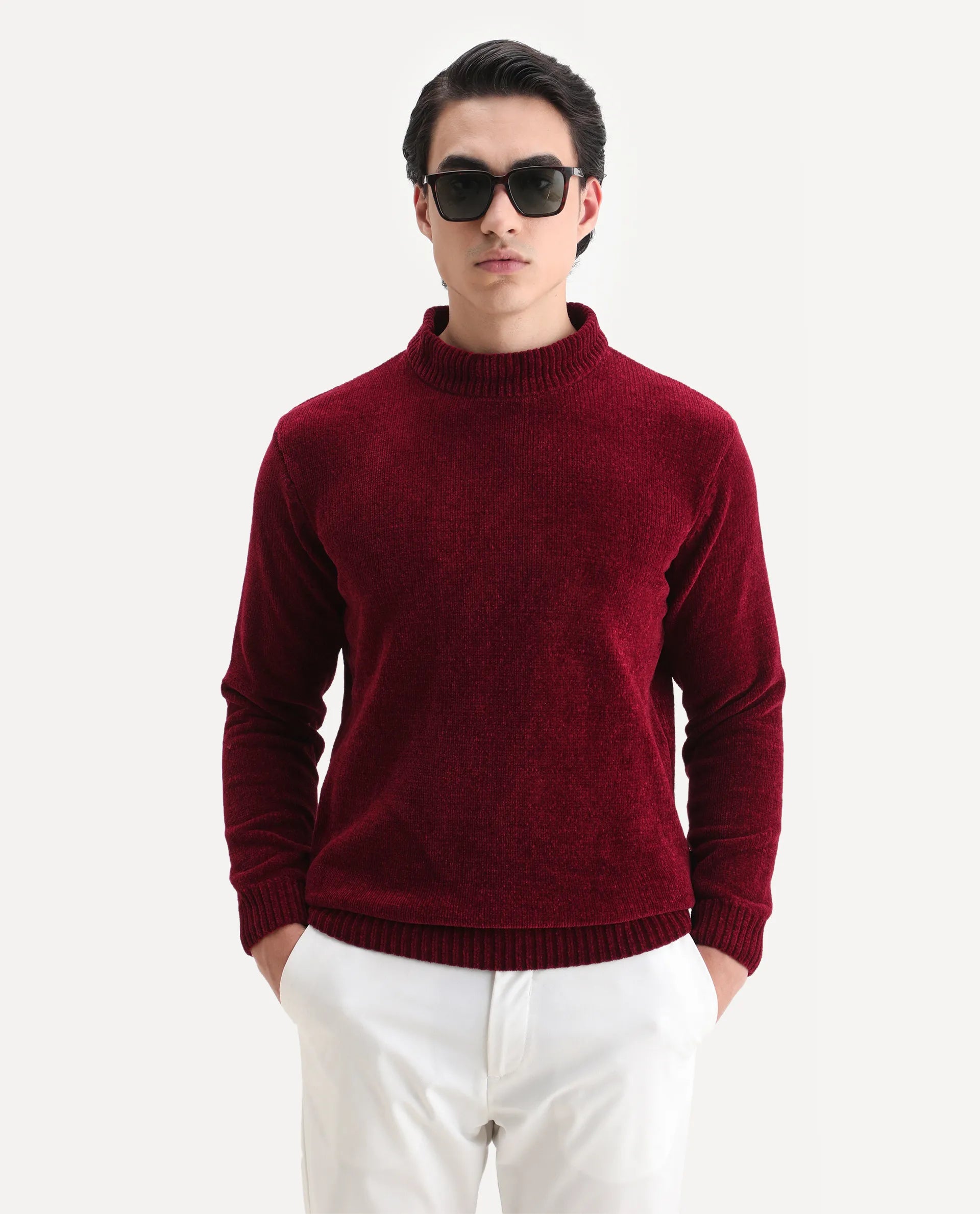 Rare Rabbit Men's Chens Red Chenille Plain Regular Fit Full Sleeve Crew Neck Sweater