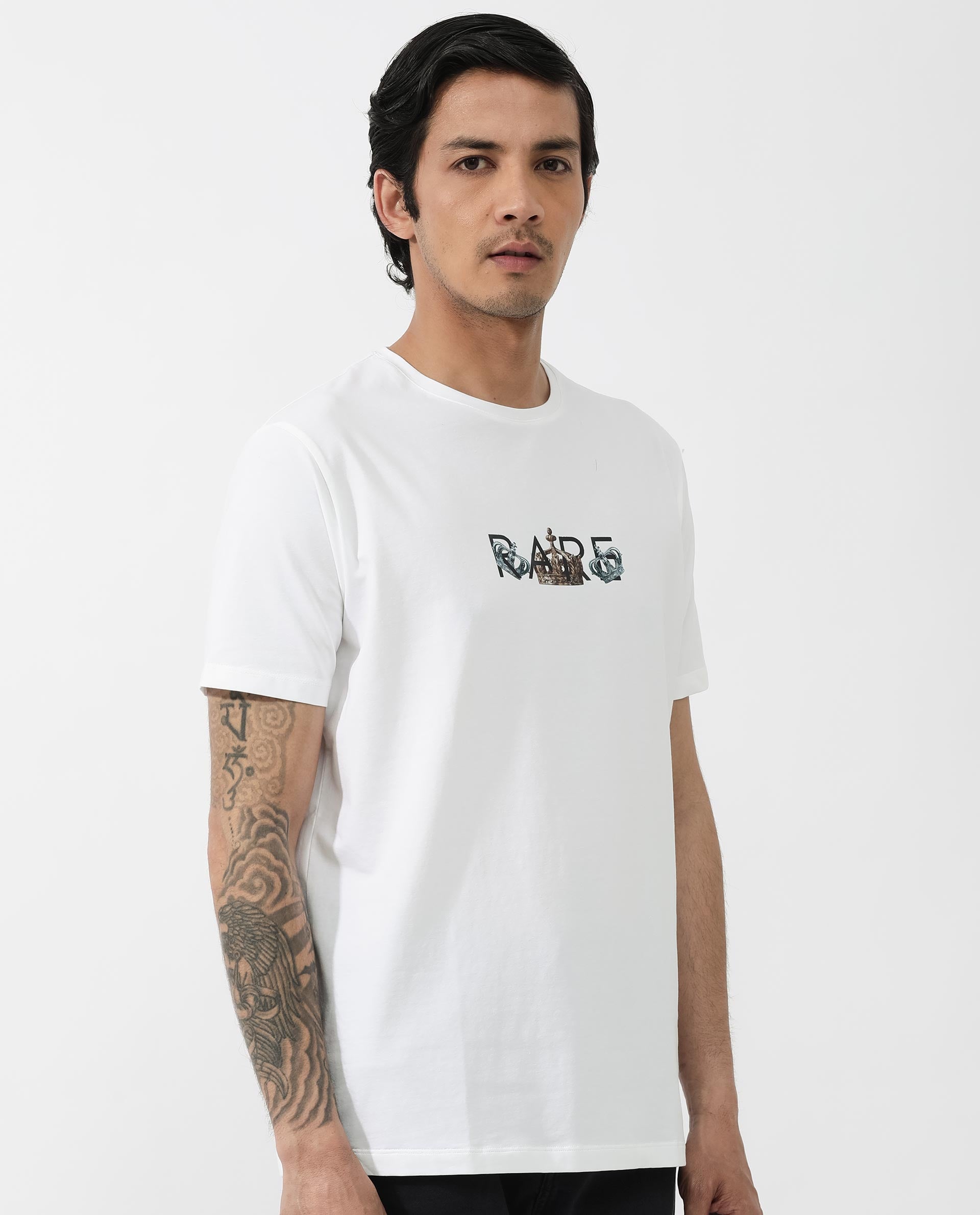 Rare Rabbit Men's Chent White Cotton Lycra Fabric Half Sleeves Graphic Print T-Shirt