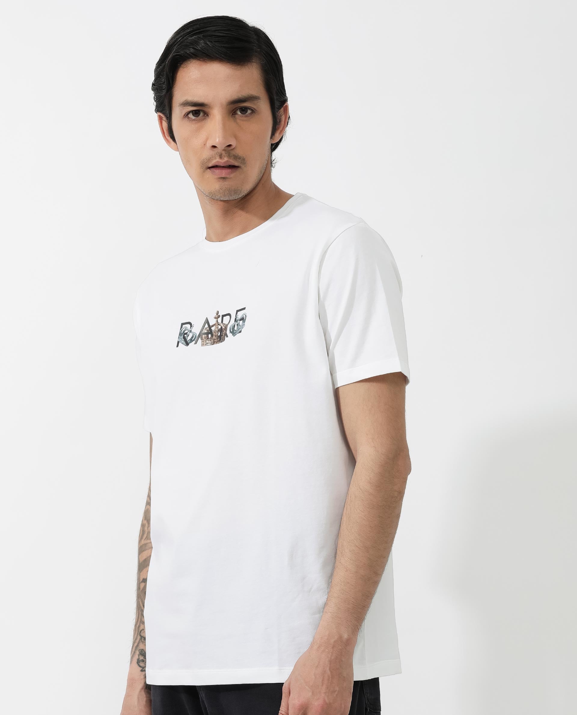 Rare Rabbit Men's Chent White Cotton Lycra Fabric Half Sleeves Graphic Print T-Shirt