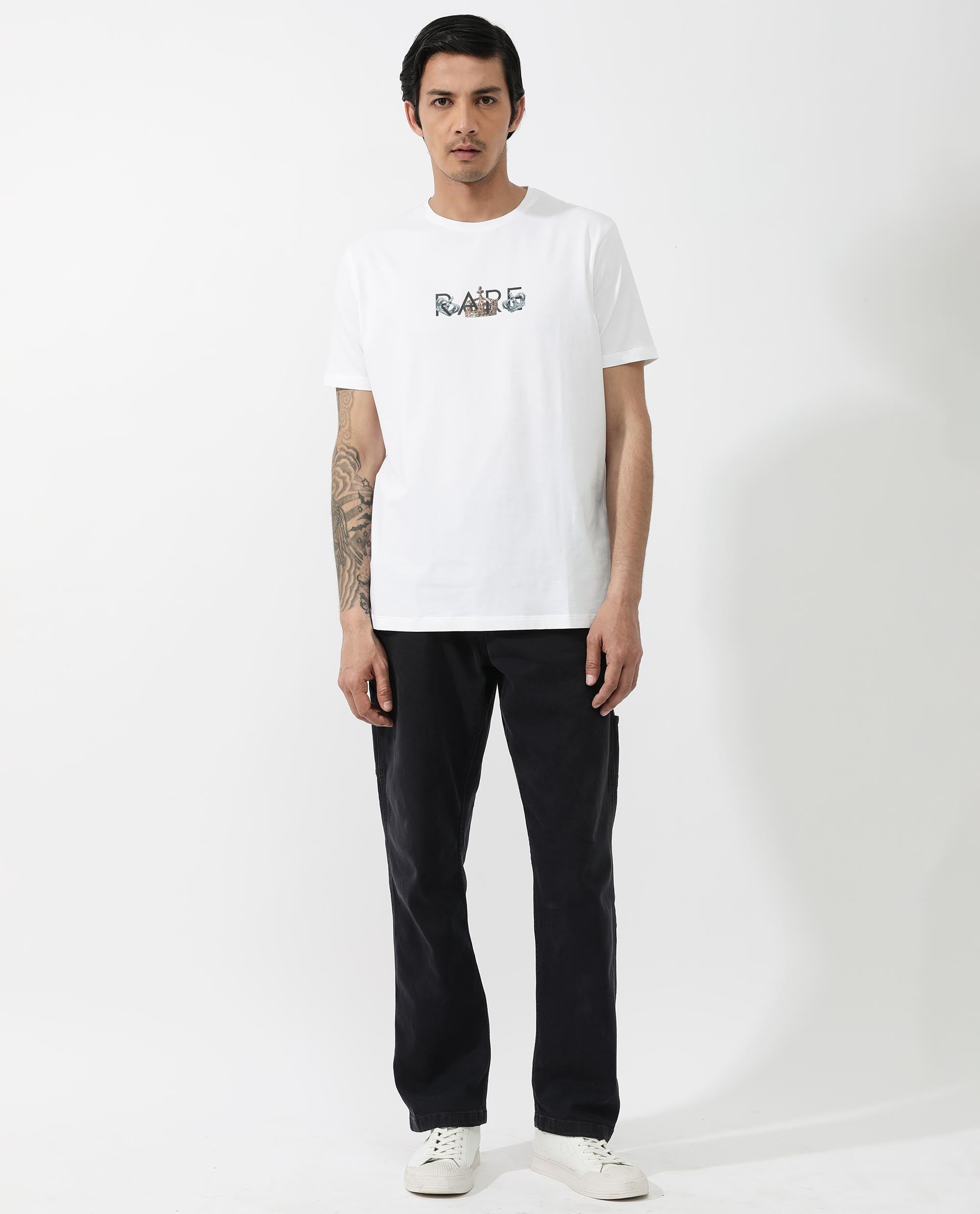 Rare Rabbit Men's Chent White Cotton Lycra Fabric Half Sleeves Graphic Print T-Shirt