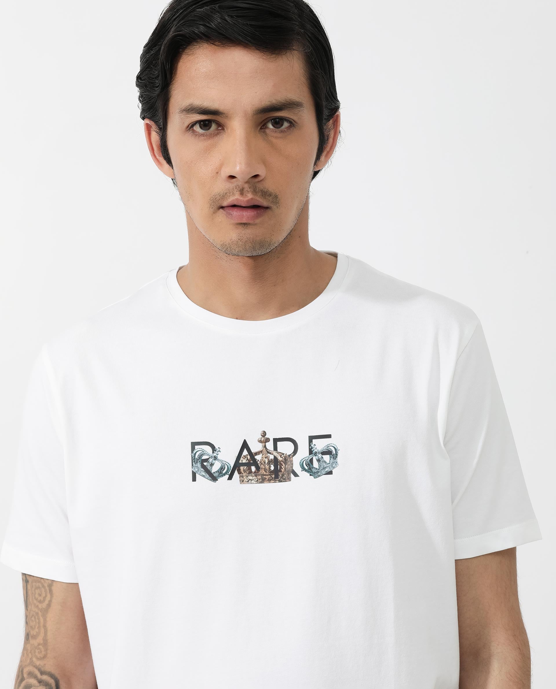 Rare Rabbit Men's Chent White Cotton Lycra Fabric Half Sleeves Graphic Print T-Shirt