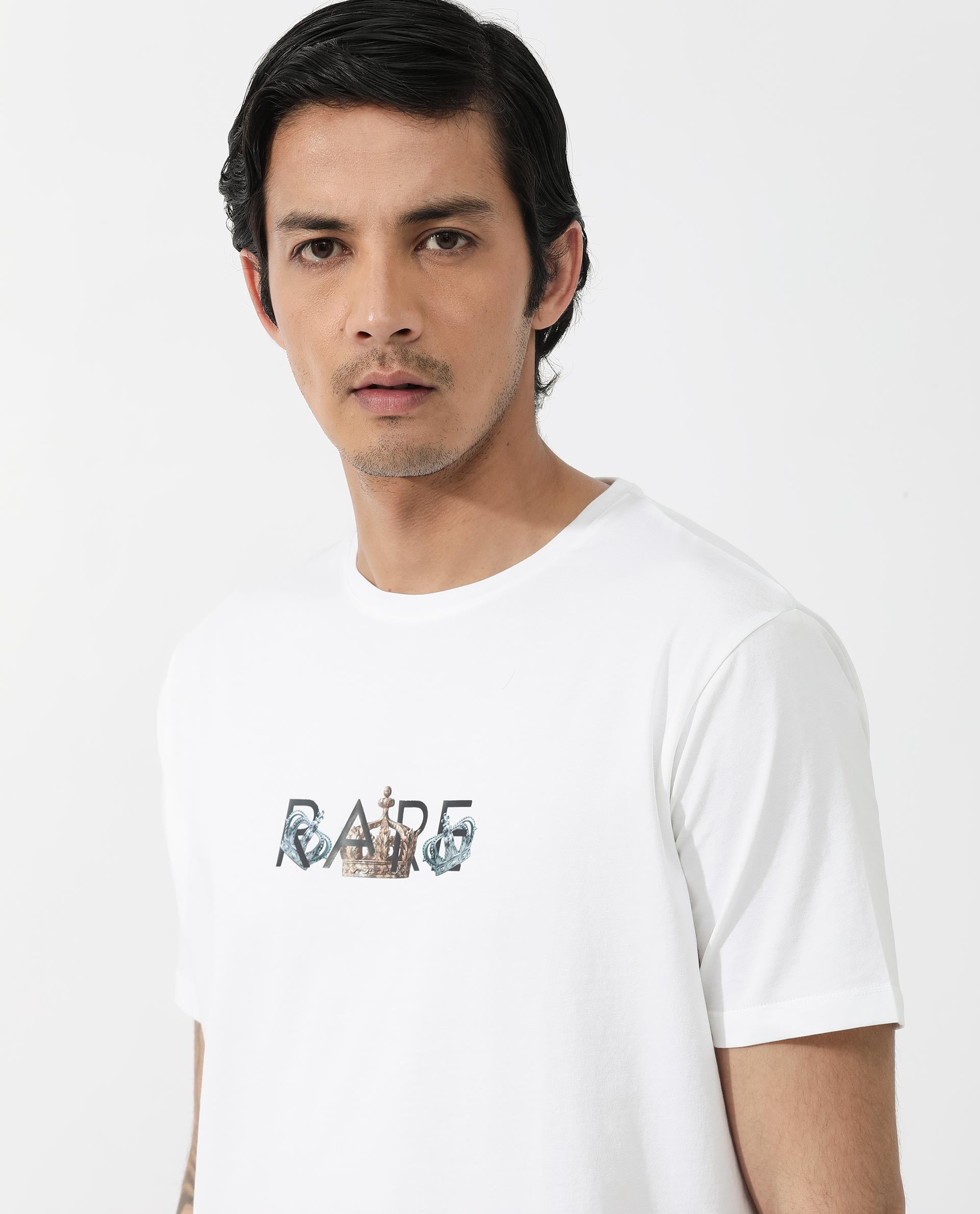 Rare Rabbit Men's Chent White Cotton Lycra Fabric Half Sleeves Graphic Print T-Shirt