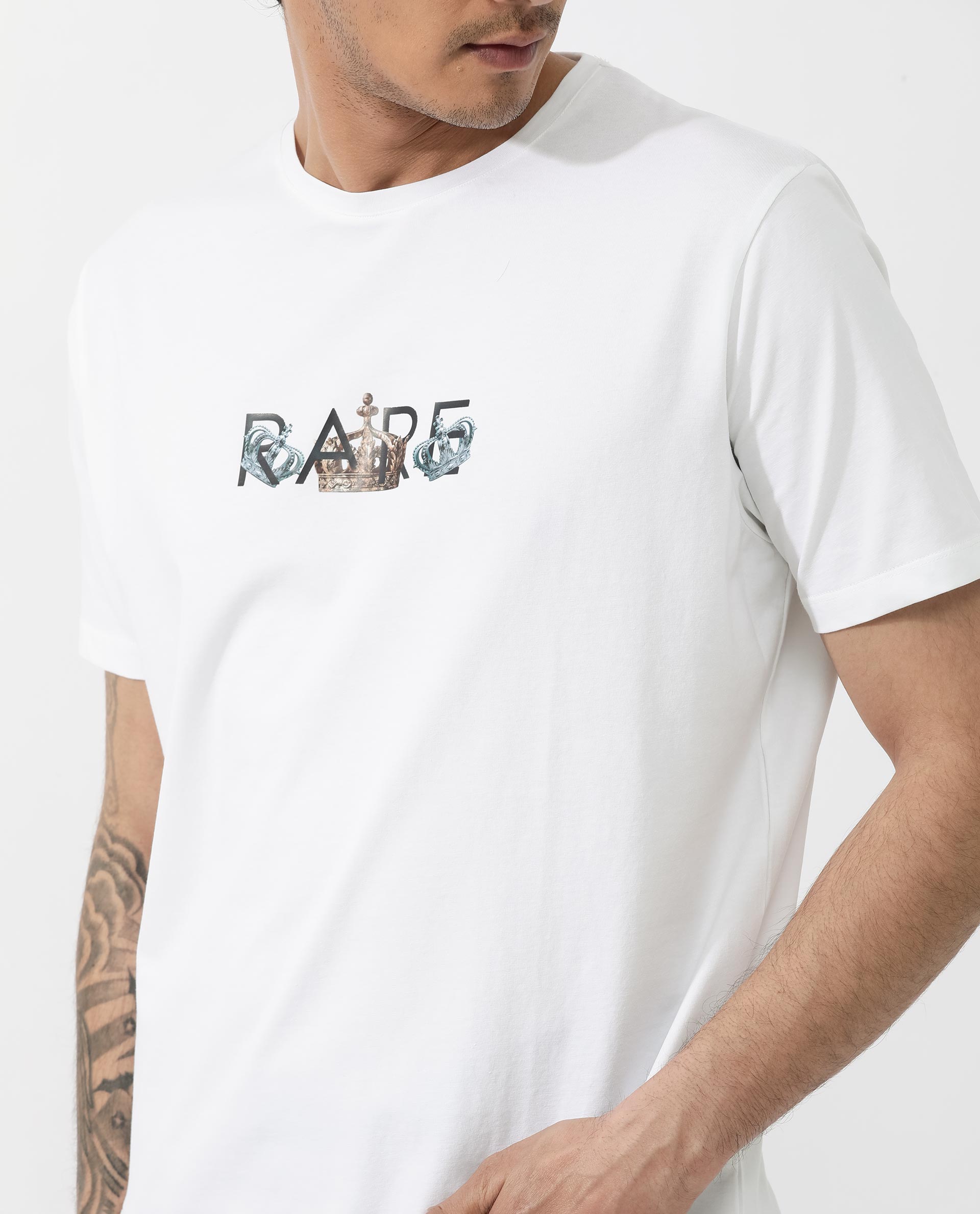 Rare Rabbit Men's Chent White Cotton Lycra Fabric Half Sleeves Graphic Print T-Shirt