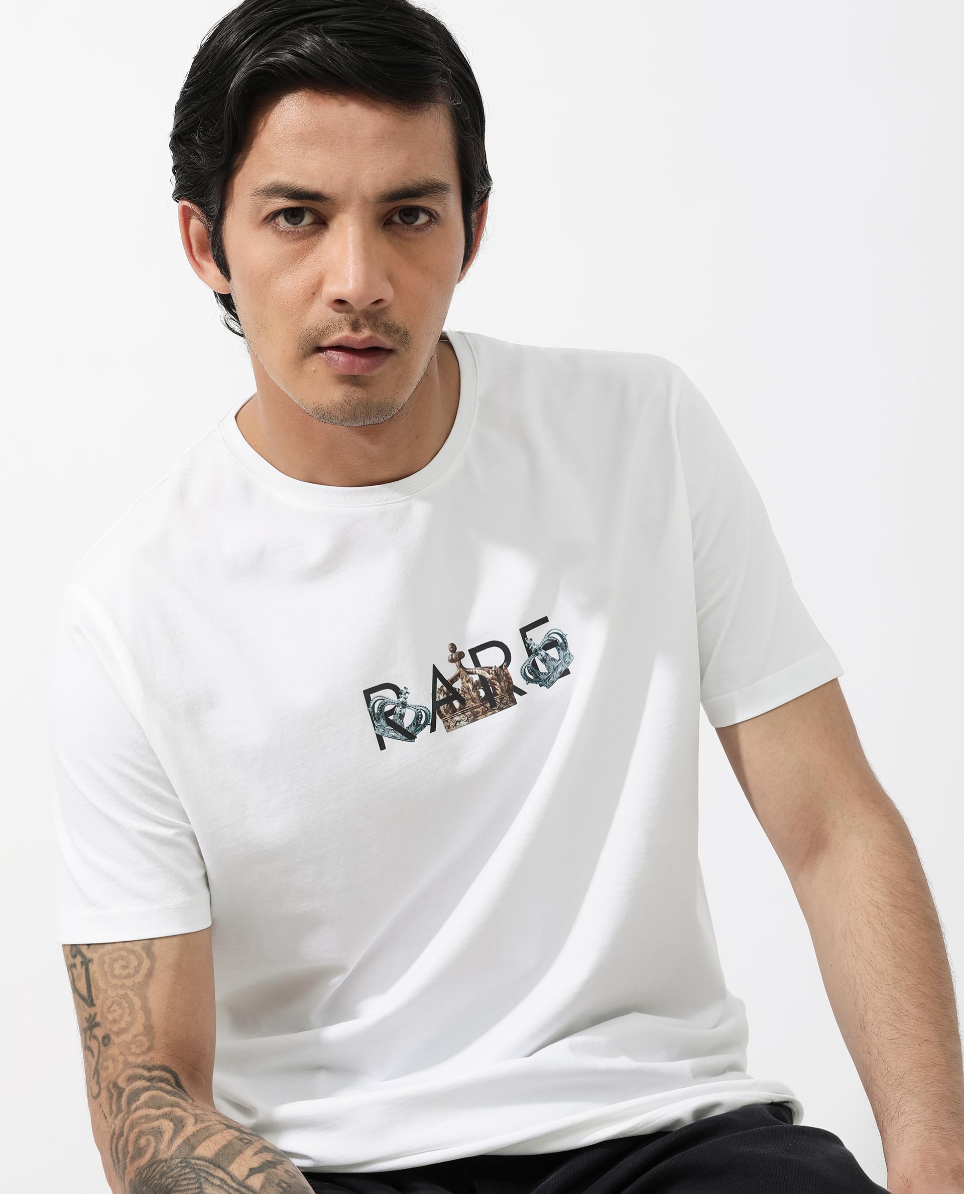 Rare Rabbit Men's Chent White Cotton Lycra Fabric Half Sleeves Graphic Print T-Shirt