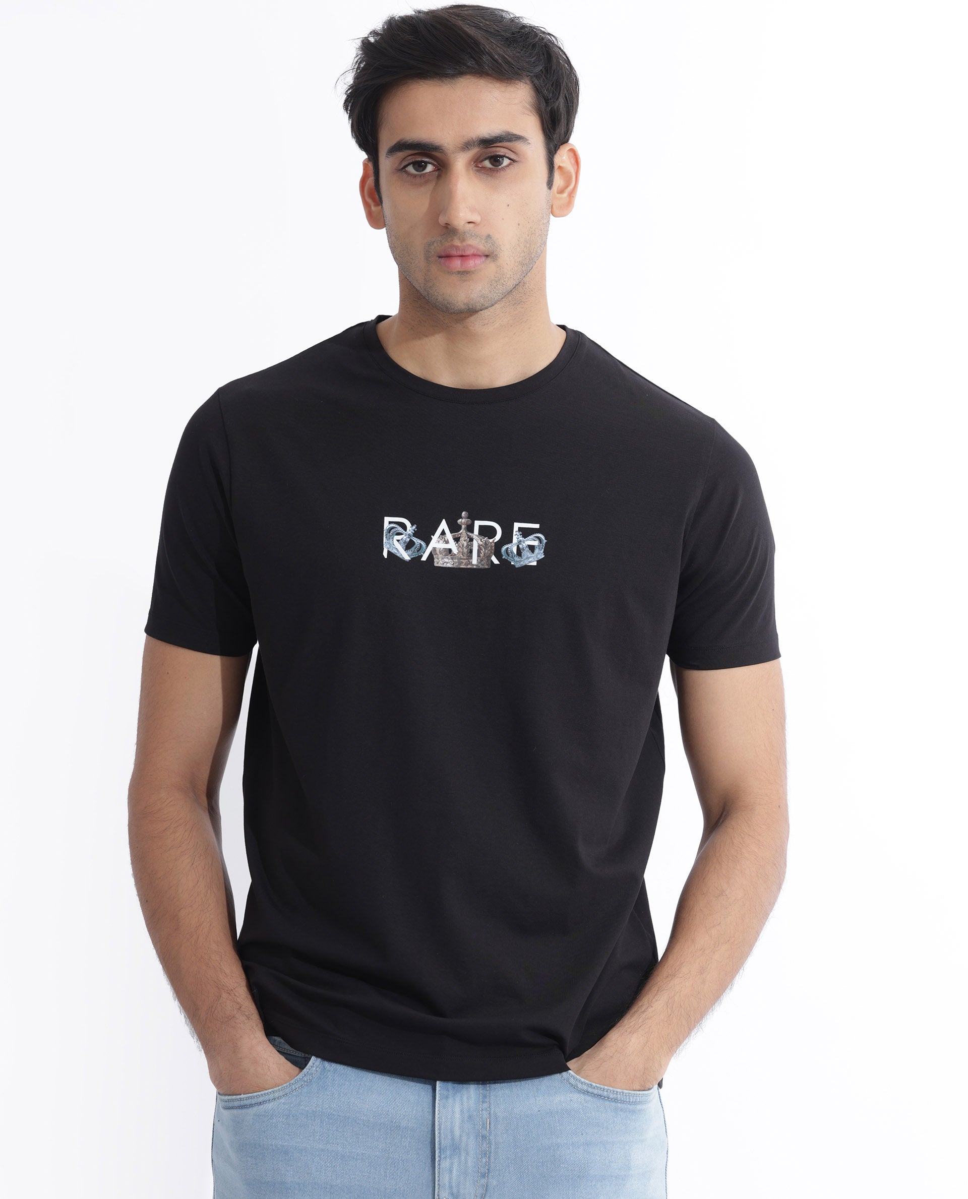 Rare Rabbit Men's Chent Black Cotton Lycra Fabric Half Sleeves Graphic Print T-Shirt