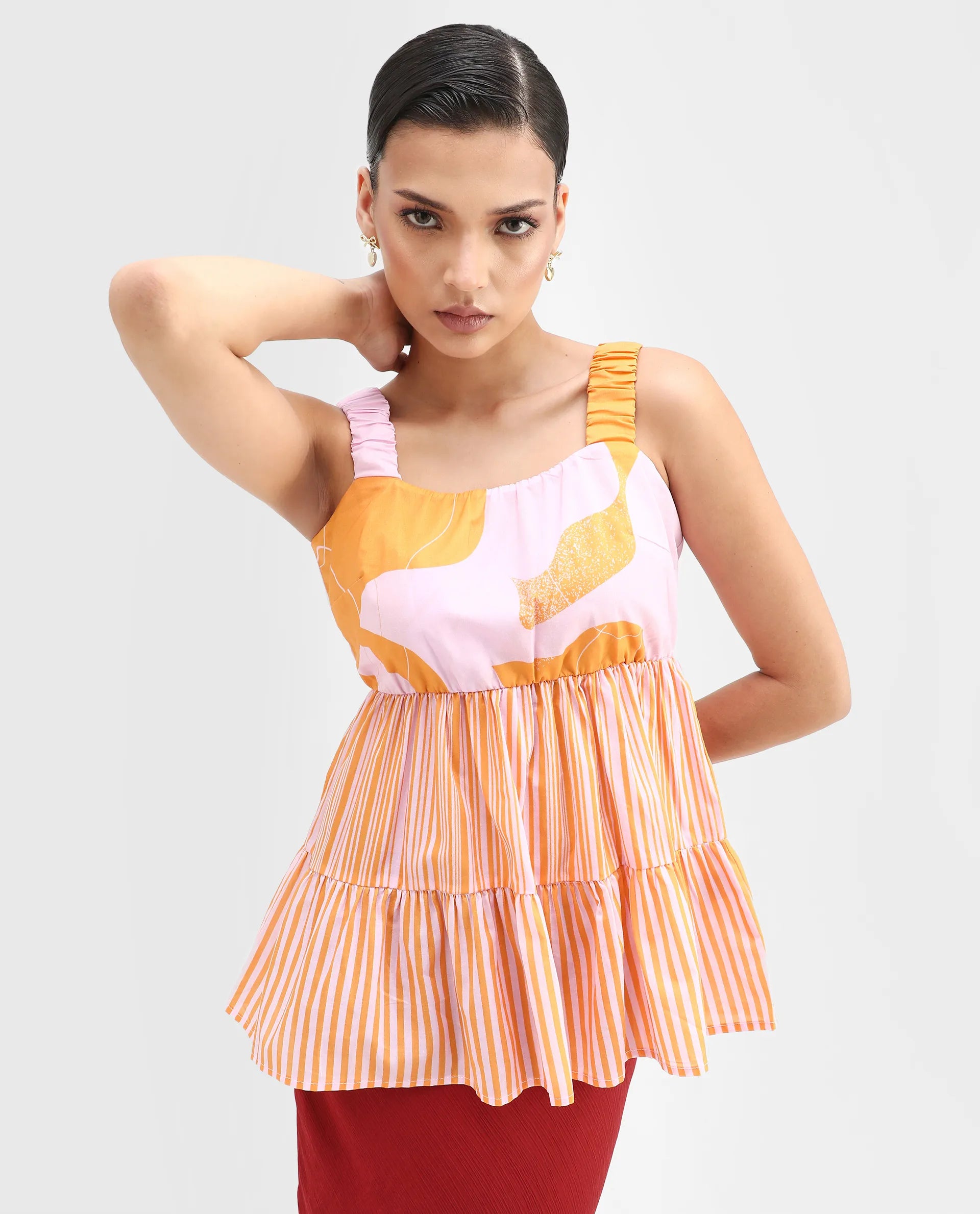 Rareism Women's Cherie Mustard Cotton Collarless Abstract Print Sleeveless Flared Top