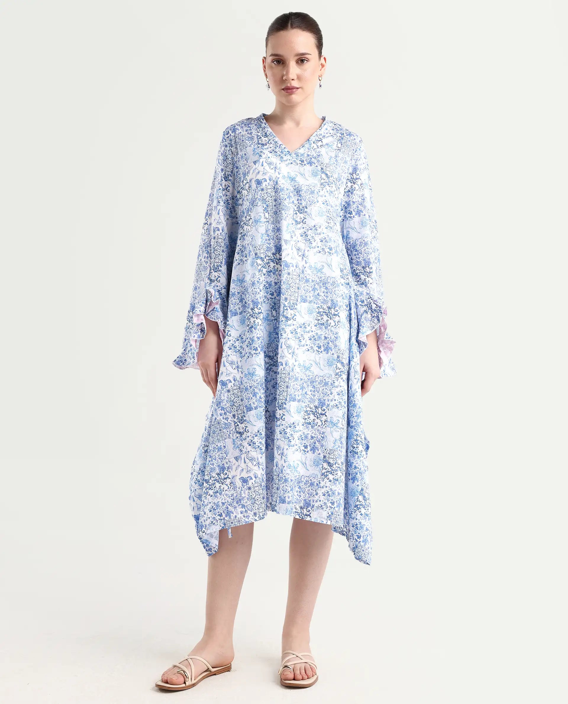 Rareism Women's Cherish Blue Cotton V-Neck Floral Print Knee Length Regular Fit Dress