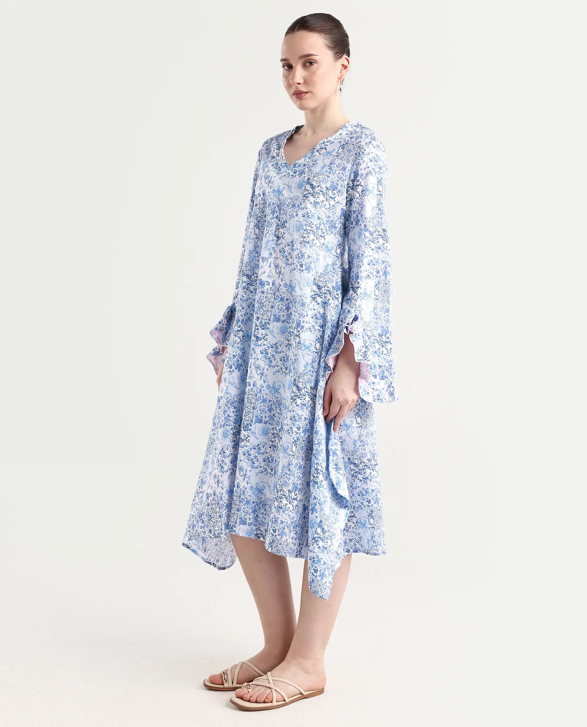 Rareism Women's Cherish Blue Cotton V-Neck Floral Print Knee Length Regular Fit Dress