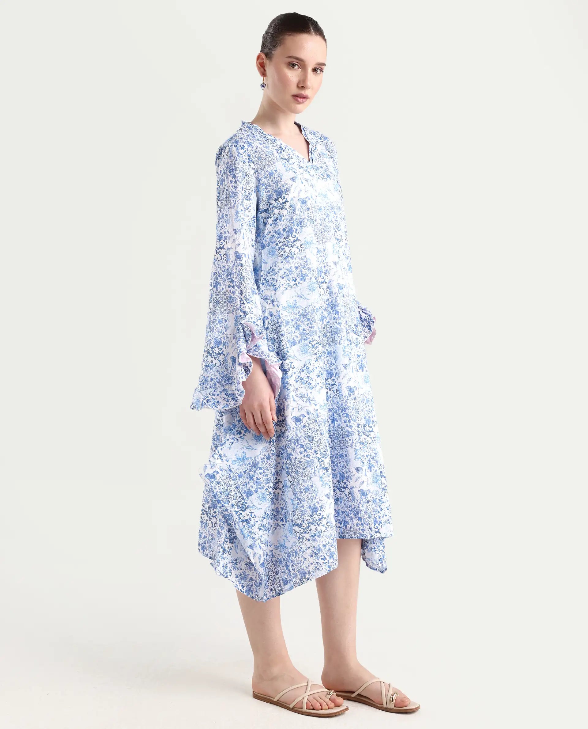 Rareism Women's Cherish Blue Cotton V-Neck Floral Print Knee Length Regular Fit Dress