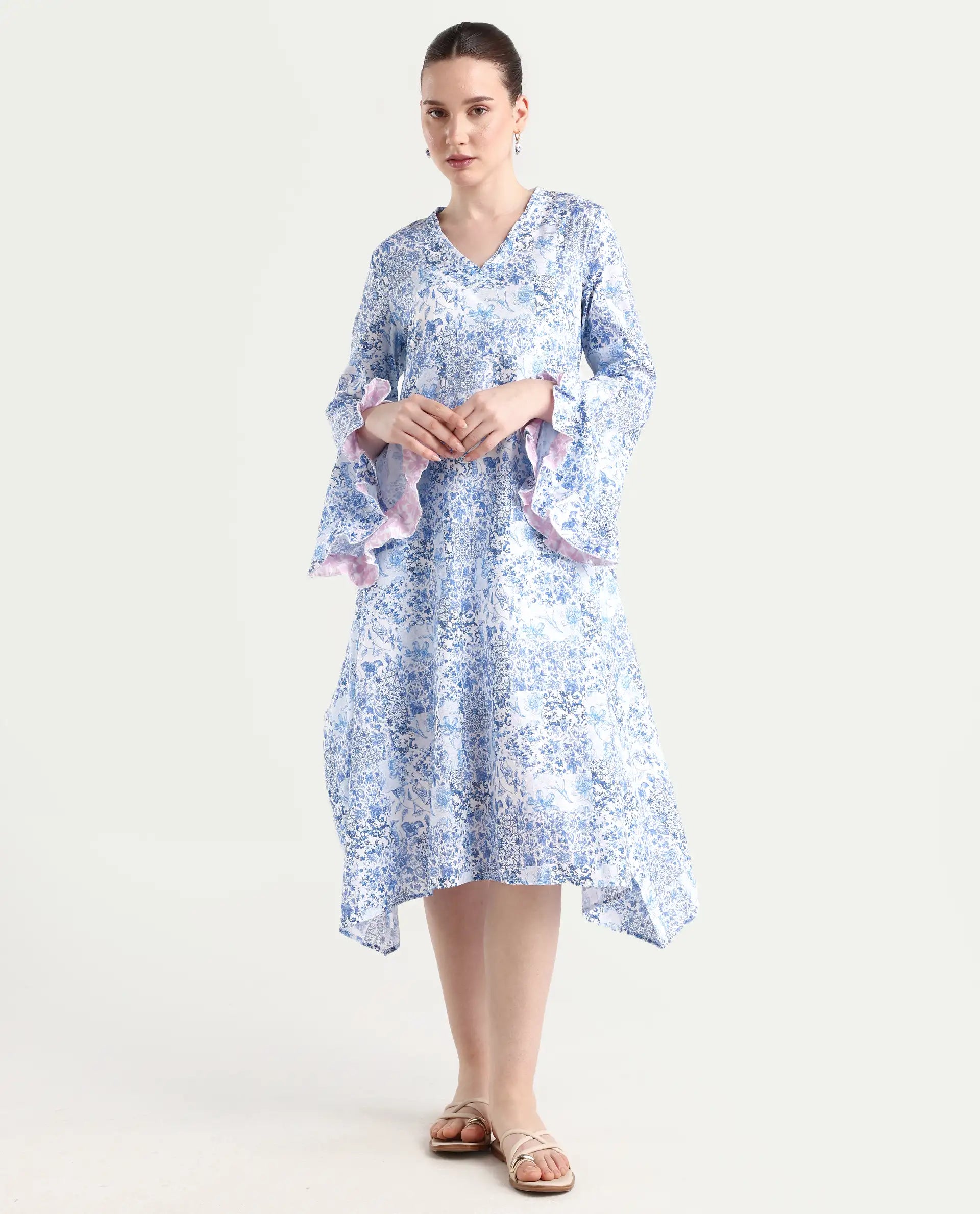 Rareism Women's Cherish Blue Cotton V-Neck Floral Print Knee Length Regular Fit Dress