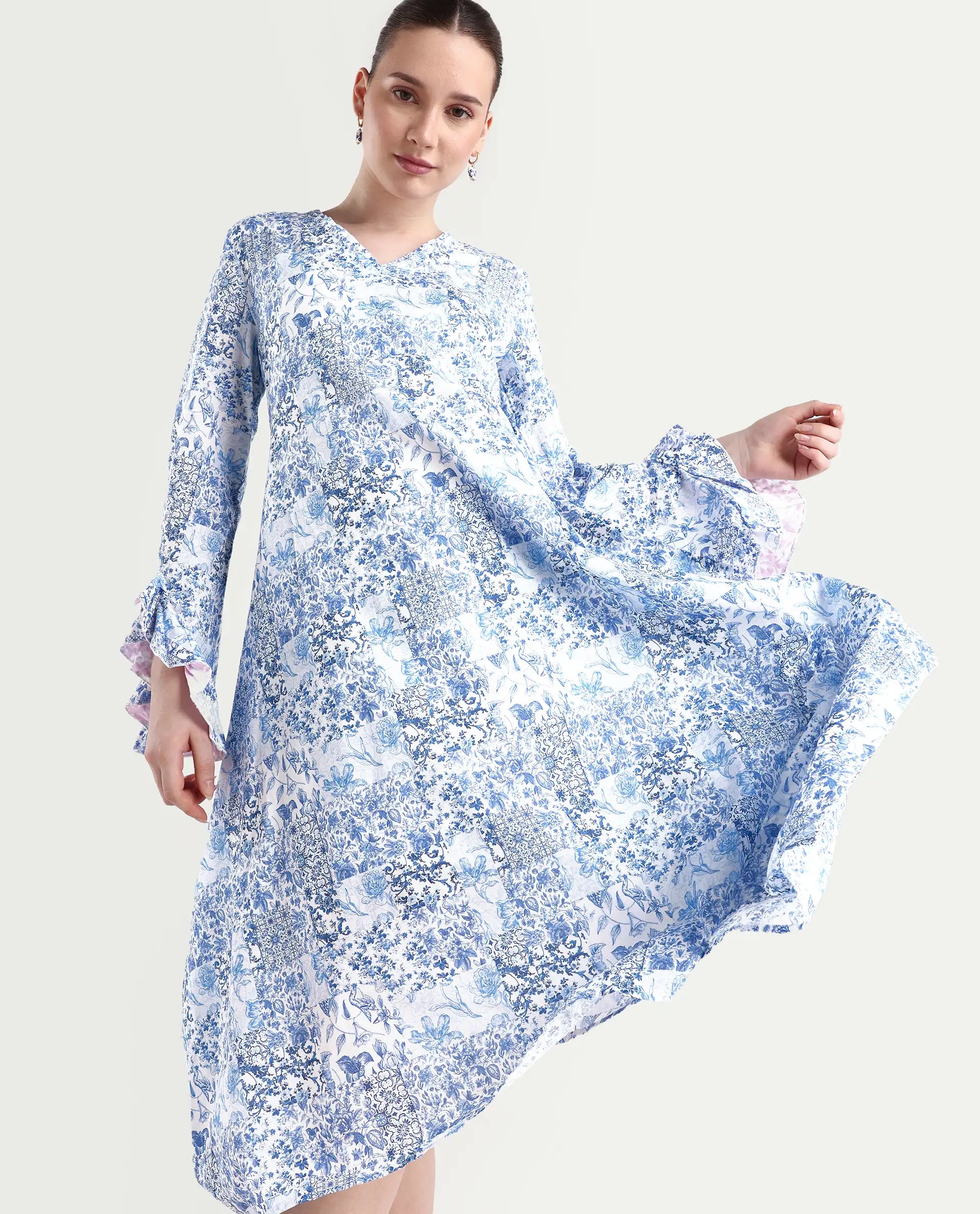 Rareism Women's Cherish Blue Cotton V-Neck Floral Print Knee Length Regular Fit Dress