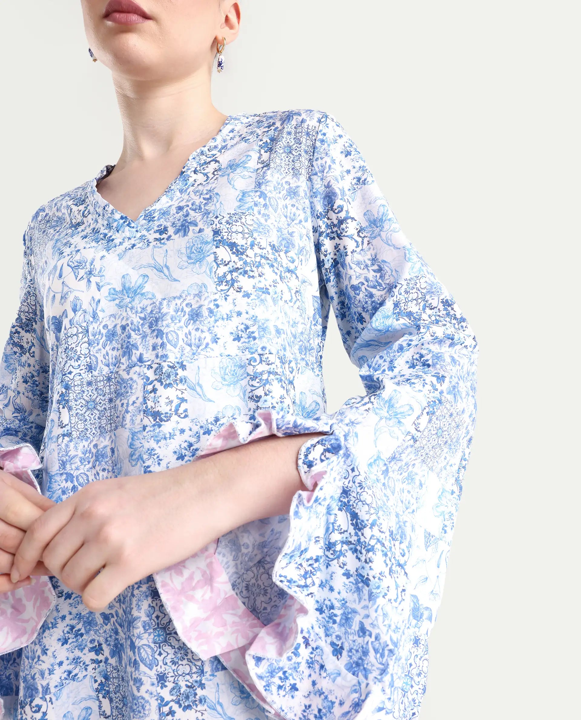 Rareism Women's Cherish Blue Cotton V-Neck Floral Print Knee Length Regular Fit Dress