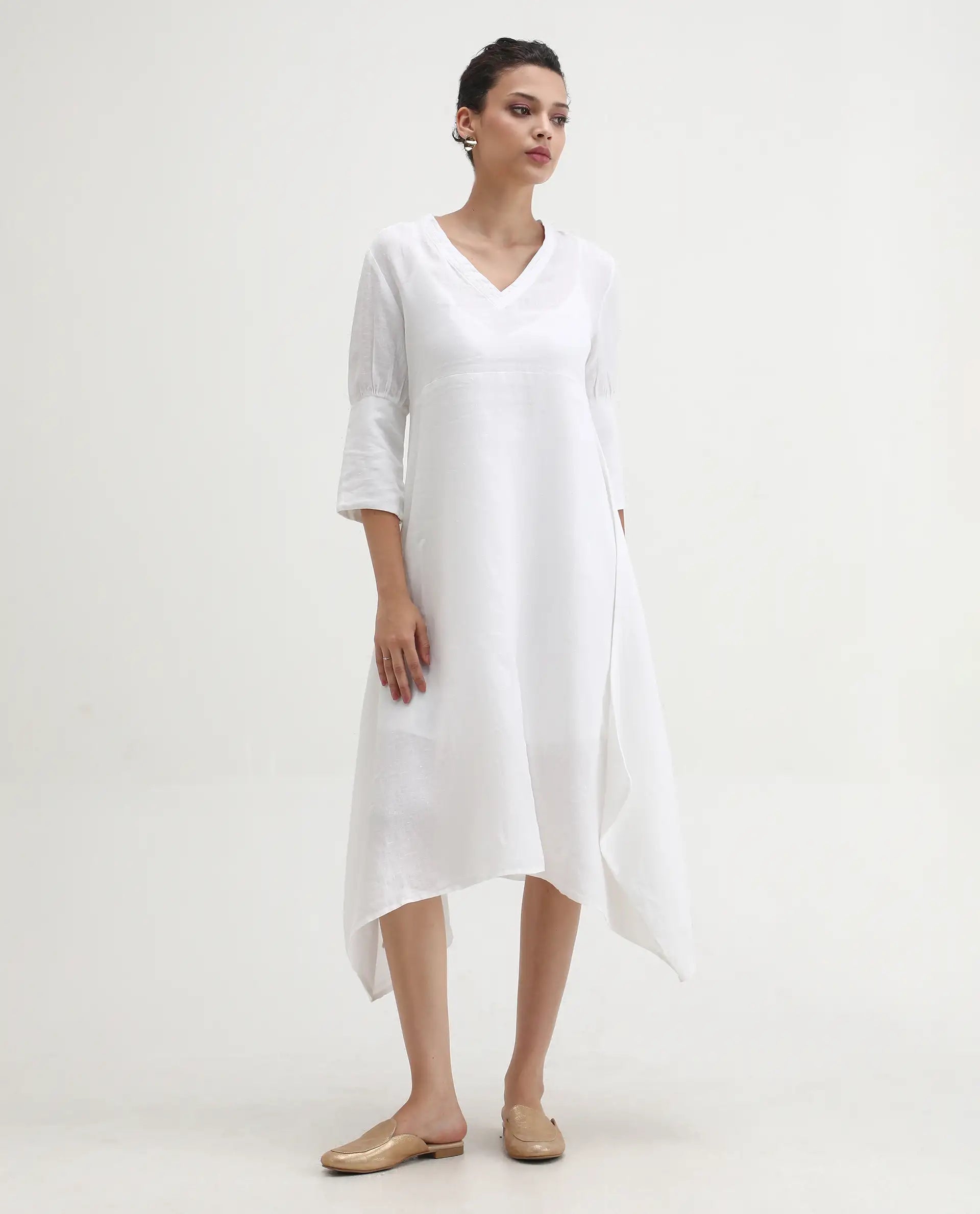 Rareism Women's Cherry 1 White Linen V-Neck Plain Extended Sleeves Knee Length Relaxed Fit Dress