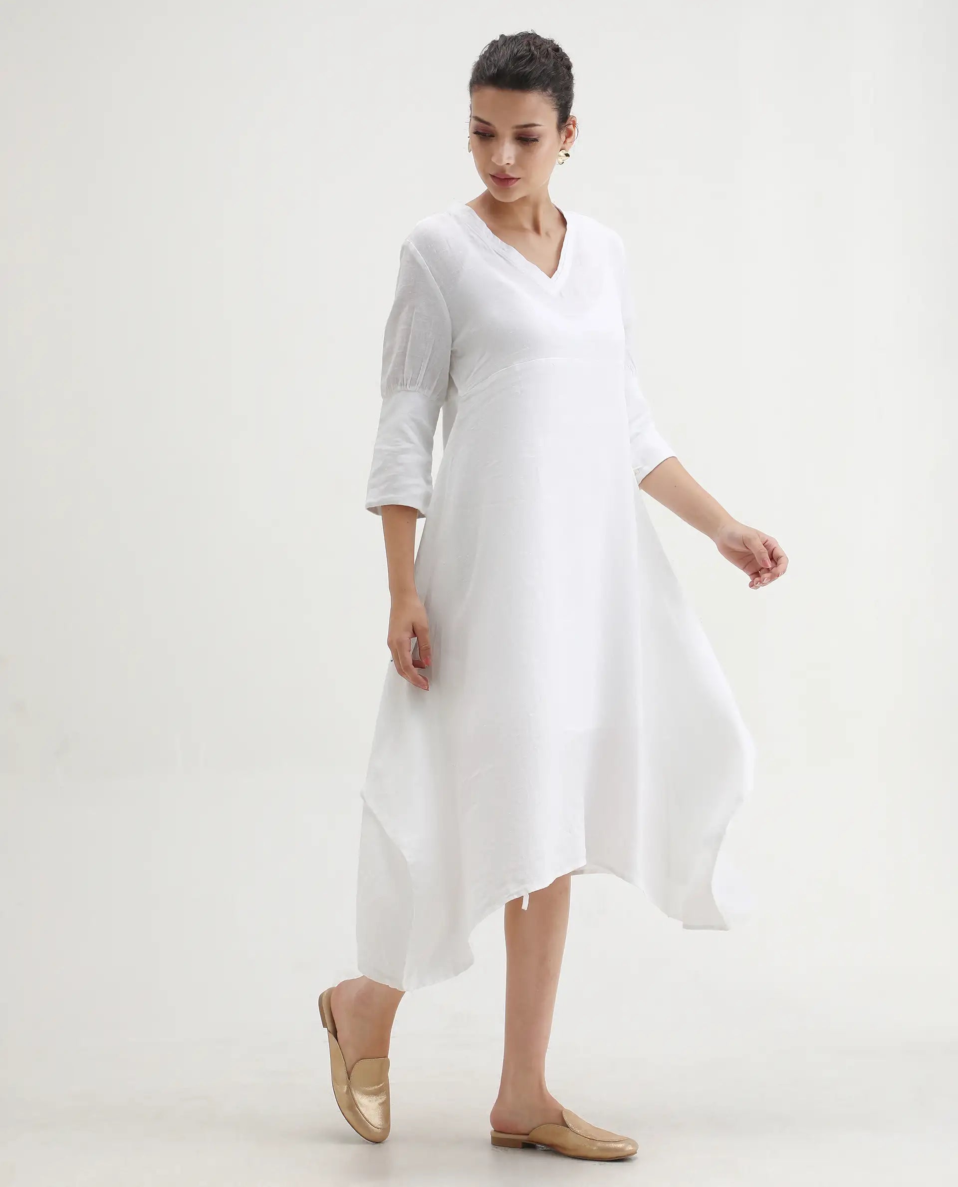 Rareism Women's Cherry 1 White Linen V-Neck Plain Extended Sleeves Knee Length Relaxed Fit Dress