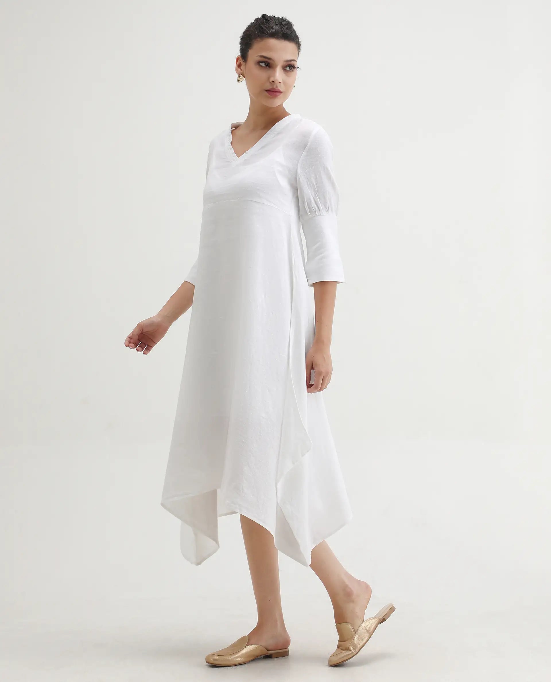 Rareism Women's Cherry 1 White Linen V-Neck Plain Extended Sleeves Knee Length Relaxed Fit Dress