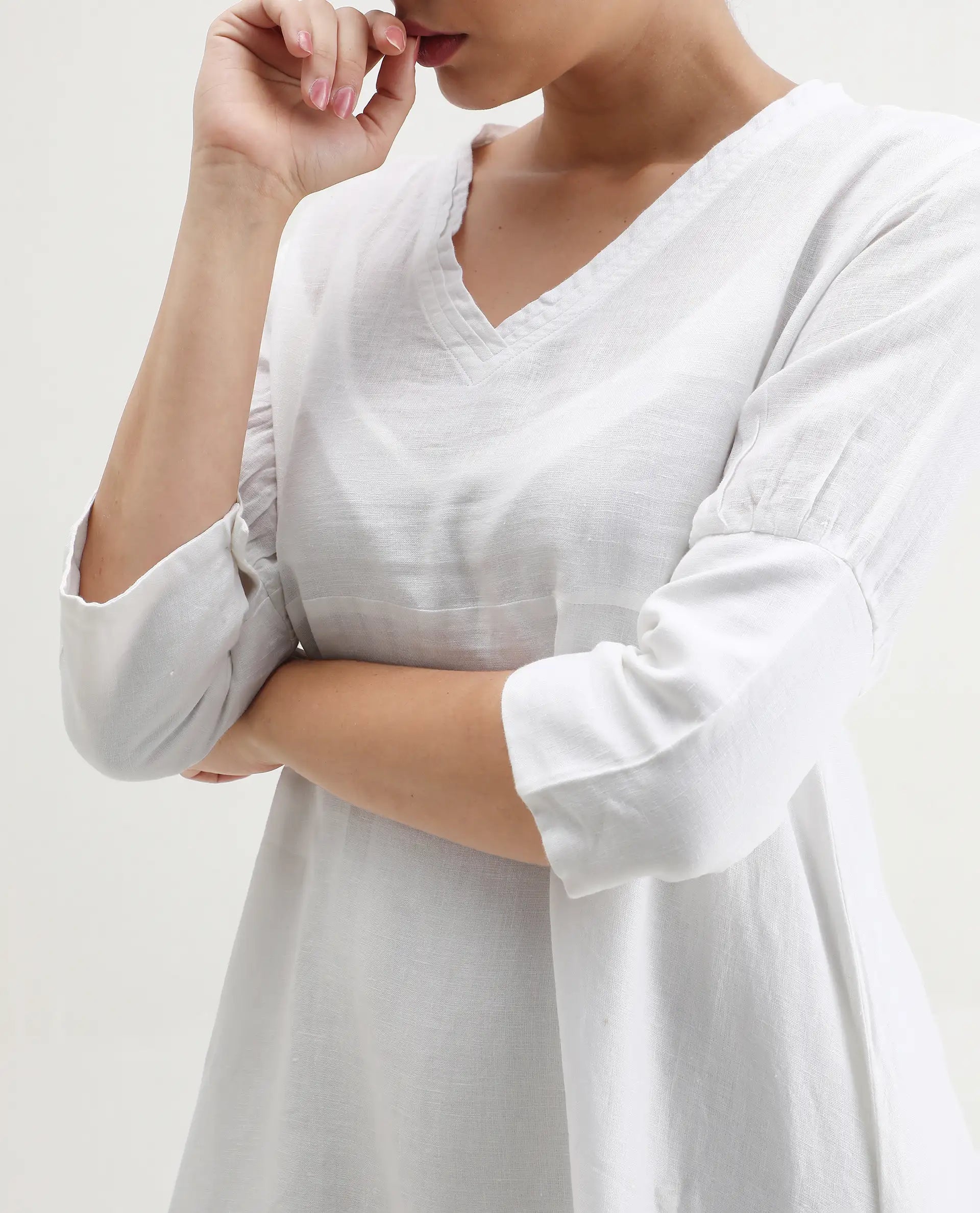 Rareism Women's Cherry 1 White Linen V-Neck Plain Extended Sleeves Knee Length Relaxed Fit Dress