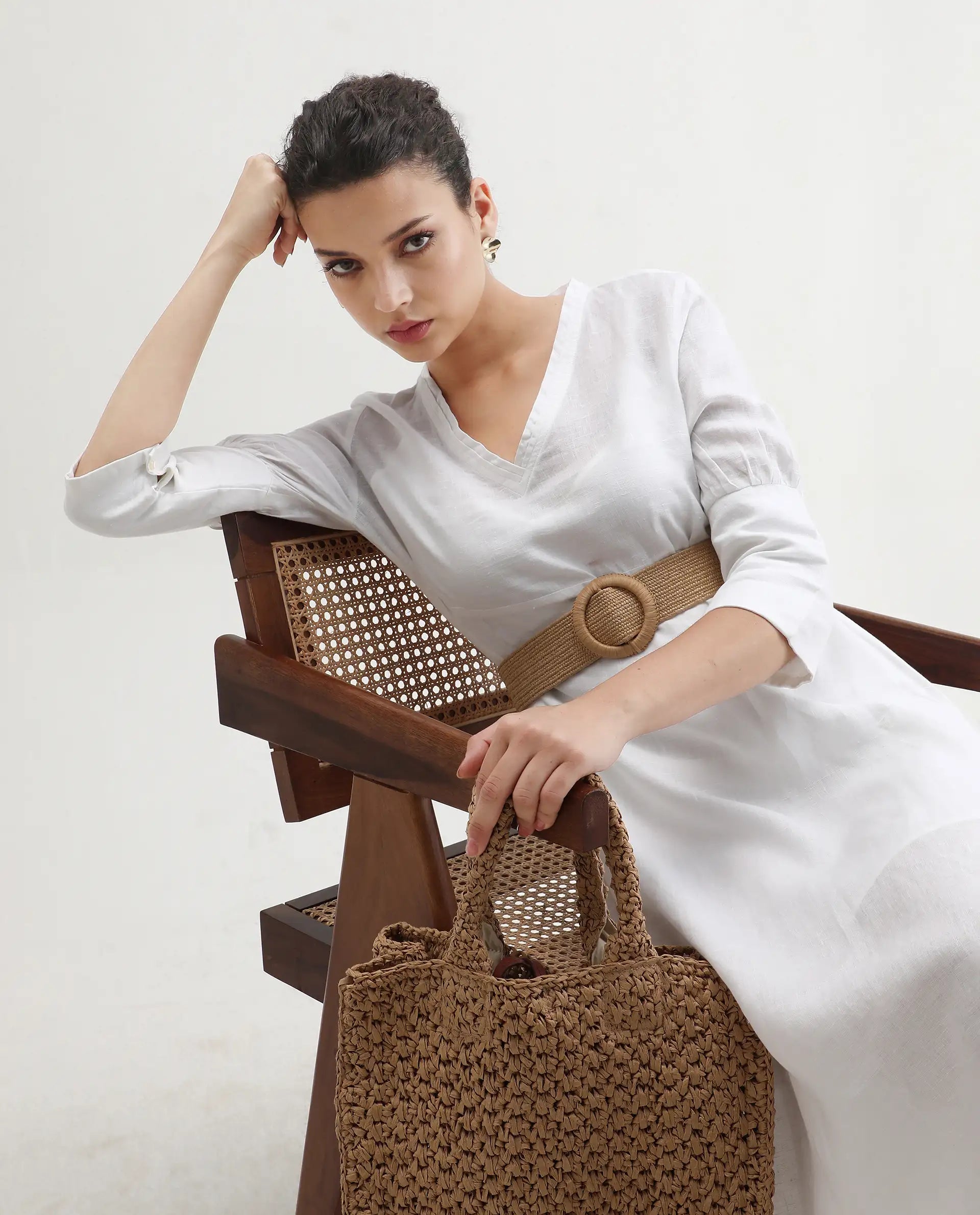 Rareism Women's Cherry 1 White Linen V-Neck Plain Extended Sleeves Knee Length Relaxed Fit Dress