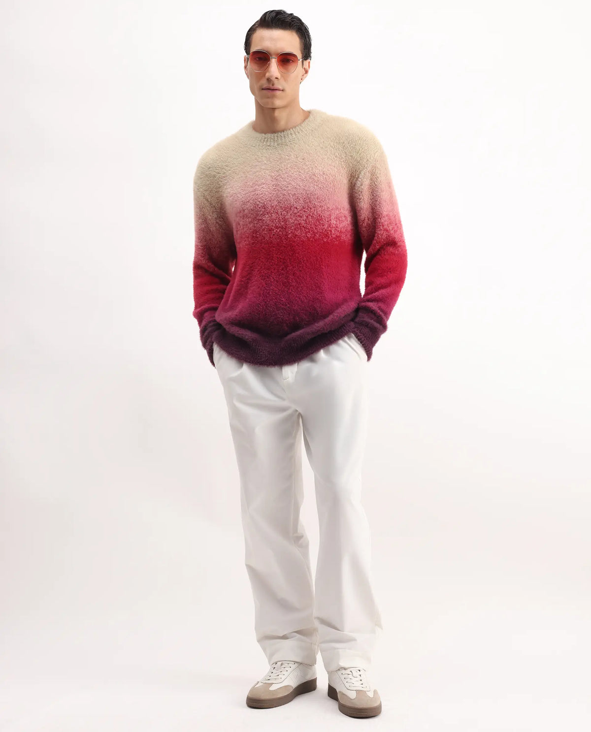 Rare Rabbit Men's Cherv Red Nylon Ombre Regular Fit Full Sleeve Crew Neck Sweater