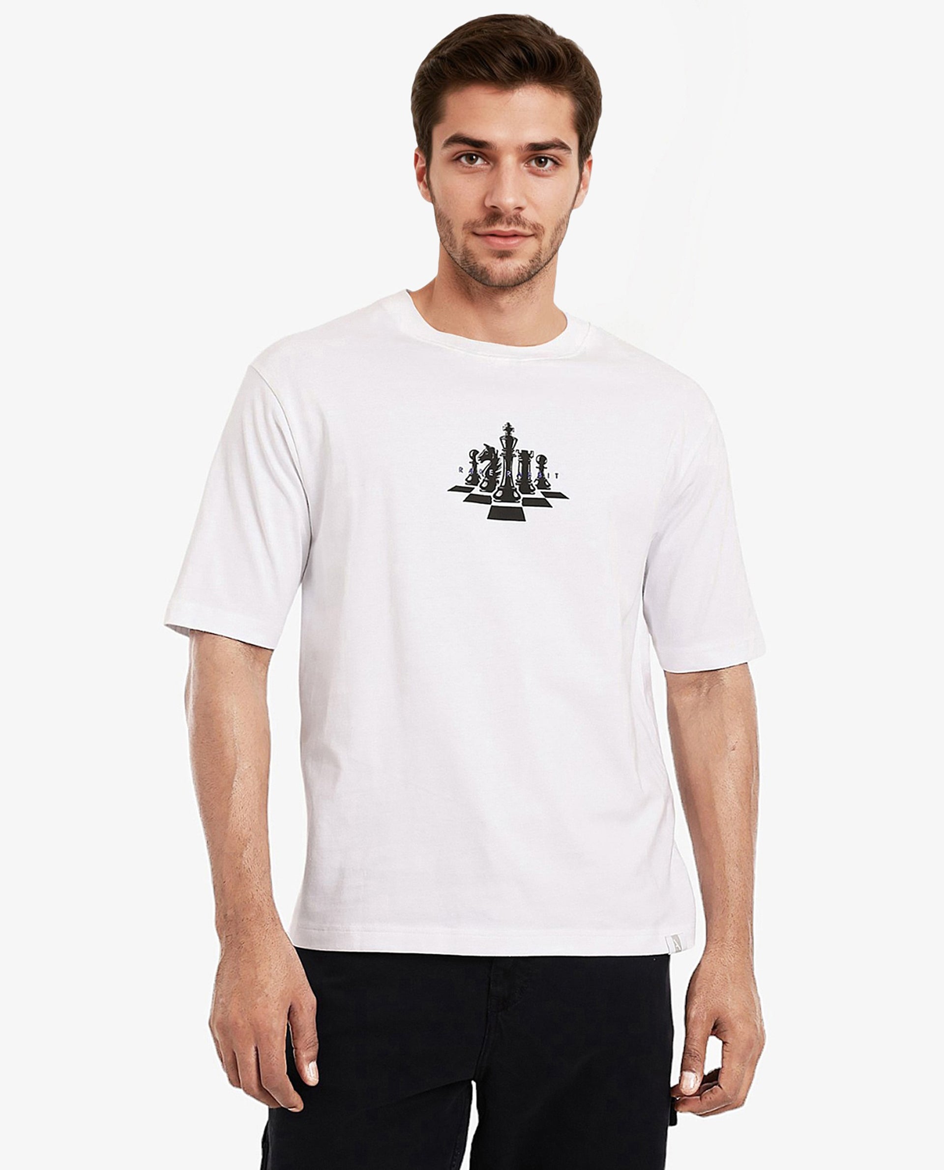 Rare Rabbit Men Chess White Cotton Fabric Short Sleeve Crew Neck Oversized Fit Graphic Print T-Shirt