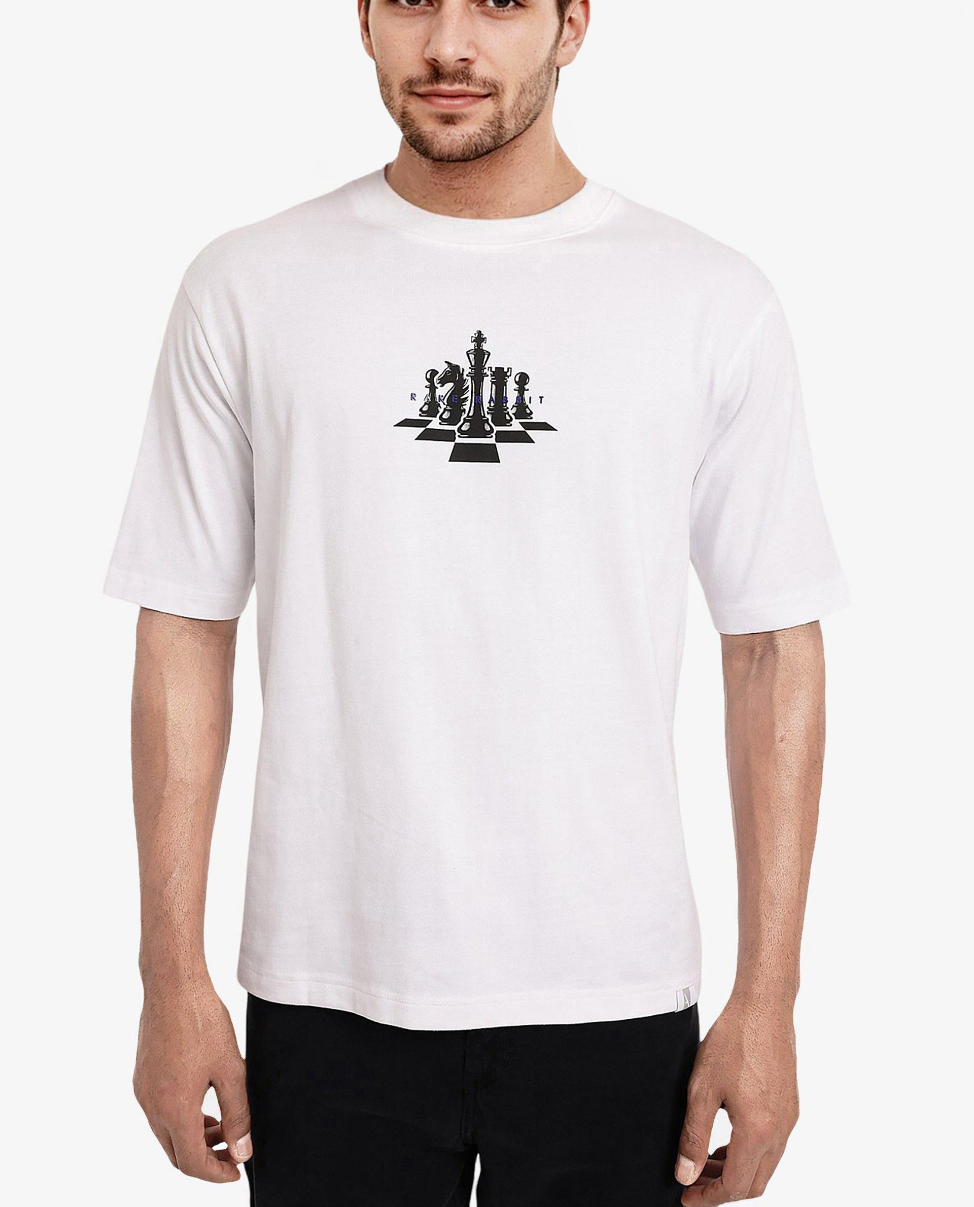 Rare Rabbit Men Chess White Cotton Fabric Short Sleeve Crew Neck Oversized Fit Graphic Print T-Shirt