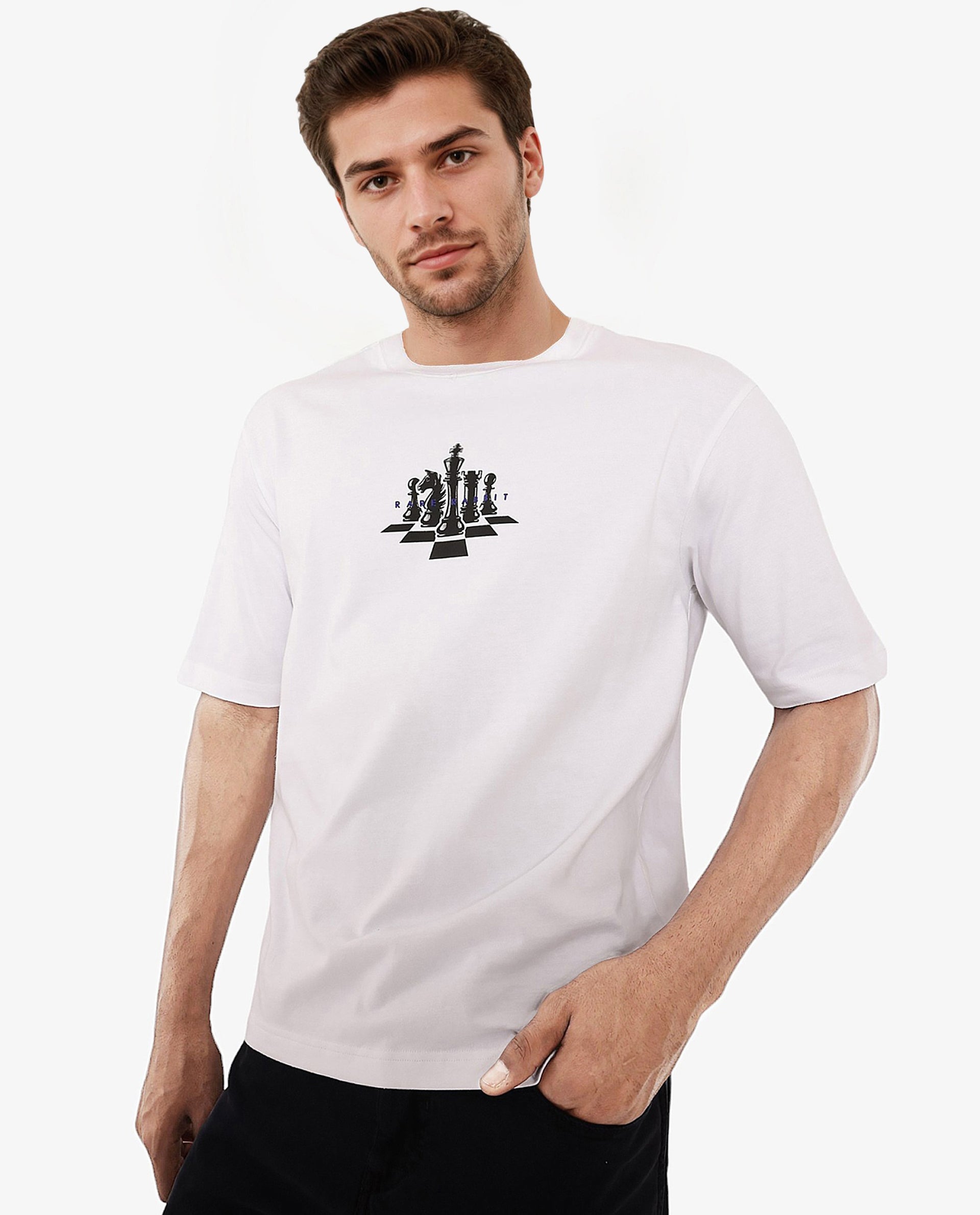 Rare Rabbit Men Chess White Cotton Fabric Short Sleeve Crew Neck Oversized Fit Graphic Print T-Shirt