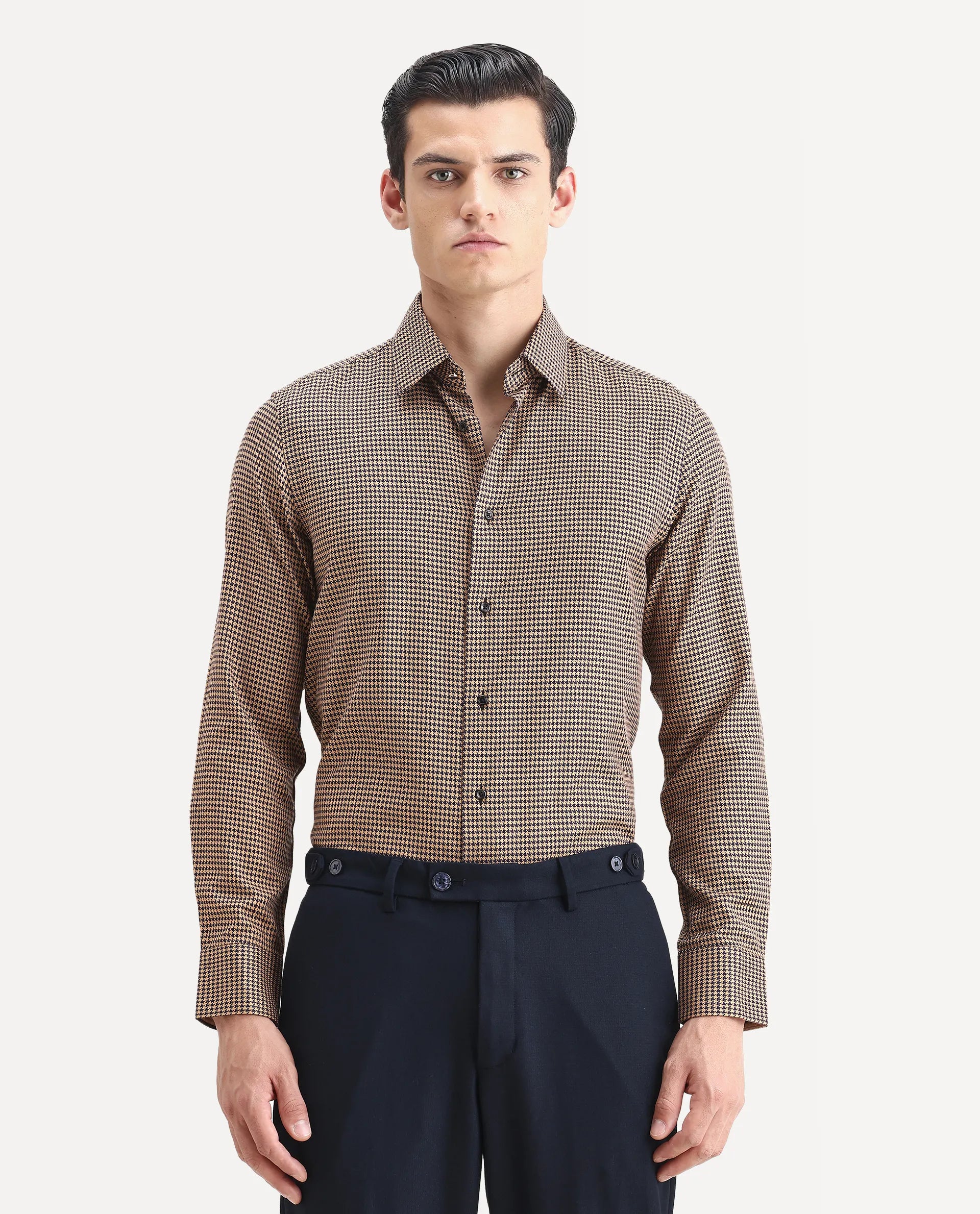 Rare Rabbit Men's Chesto Beige Cotton Blend Checked Print Regular Fit Full Sleeve Collared Shirt