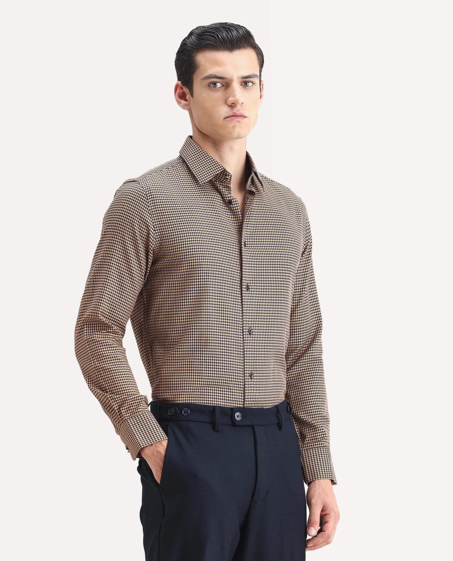 Rare Rabbit Men's Chesto Beige Cotton Blend Checked Print Regular Fit Full Sleeve Collared Shirt