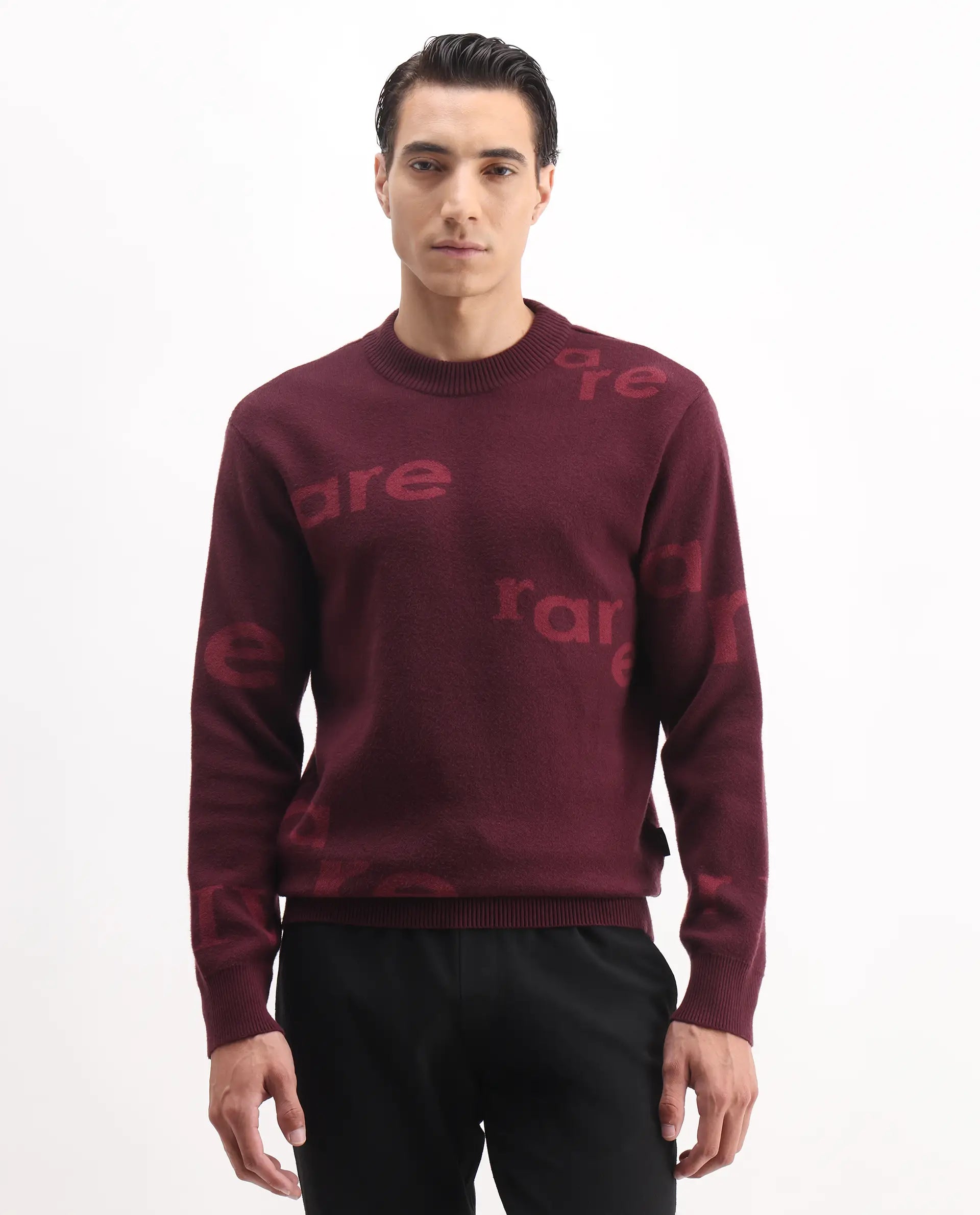 Rare Rabbit Men's Chet Dark Maroon Viscose Monogram Print Regular Fit Full Sleeve Crew Neck Sweater