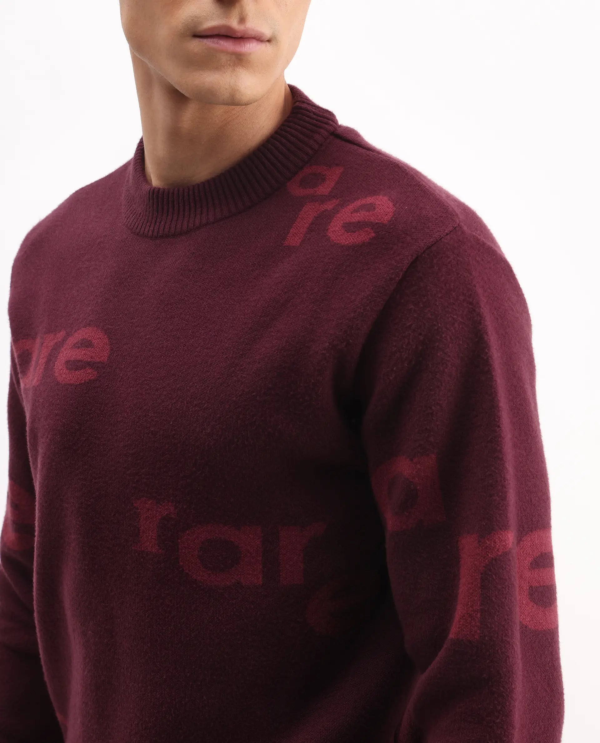 Rare Rabbit Men's Chet Dark Maroon Viscose Monogram Print Regular Fit Full Sleeve Crew Neck Sweater