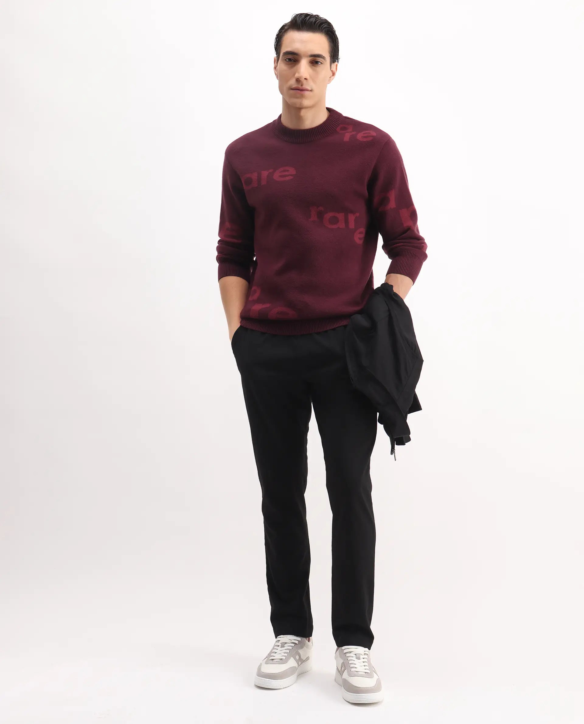 Rare Rabbit Men's Chet Dark Maroon Viscose Monogram Print Regular Fit Full Sleeve Crew Neck Sweater