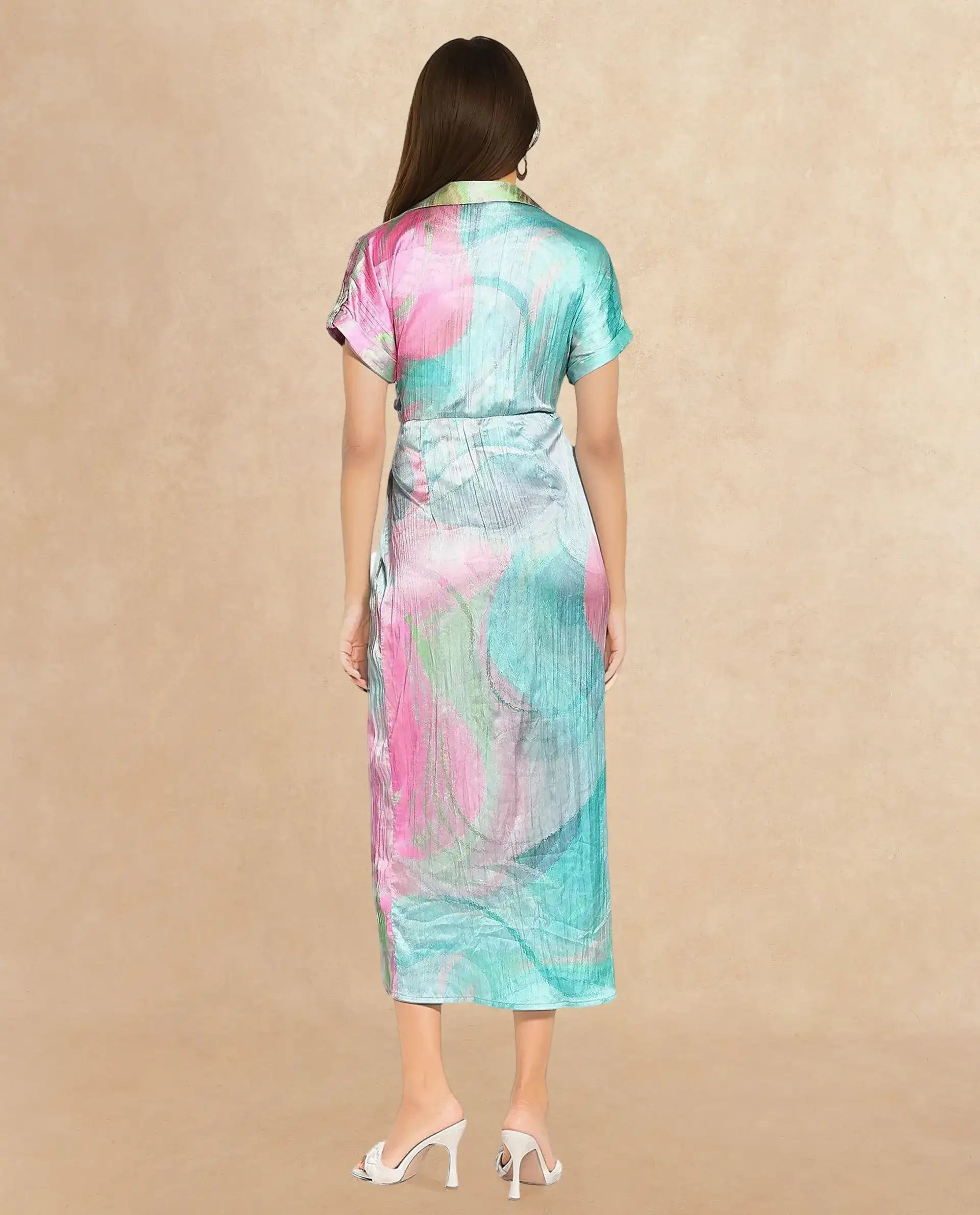 Rareism Women Chiapas Dusky Multi Extended Sleeves Collared Collar Tie Up Straight Fit Abstract Print Maxi Dress