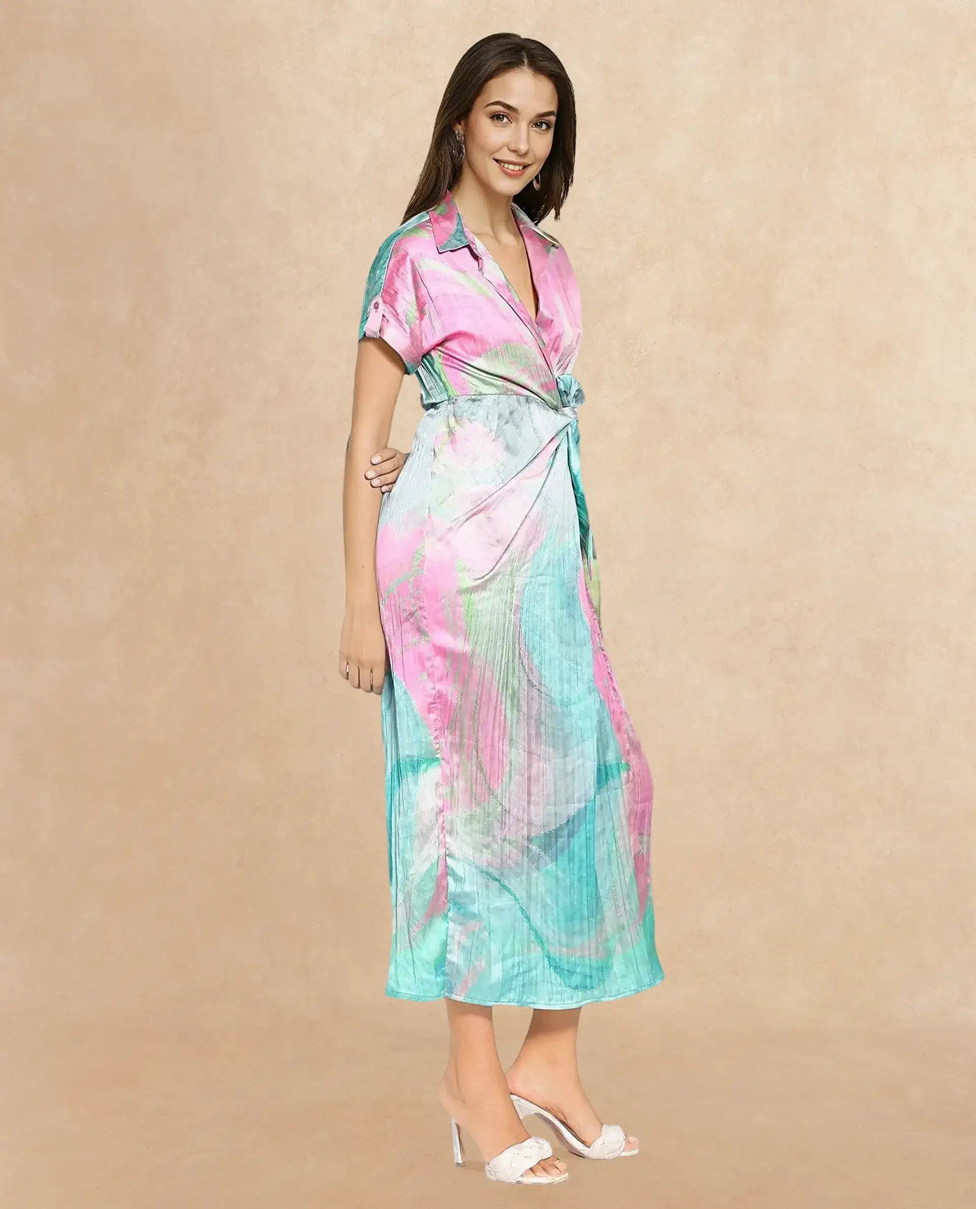 Rareism Women Chiapas Dusky Multi Extended Sleeves Collared Collar Tie Up Straight Fit Abstract Print Maxi Dress